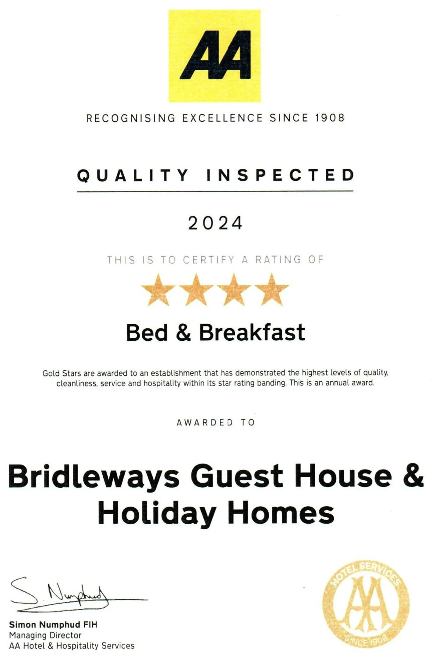 Certificate/Award in Bridleways Guesthouse & Holiday Homes