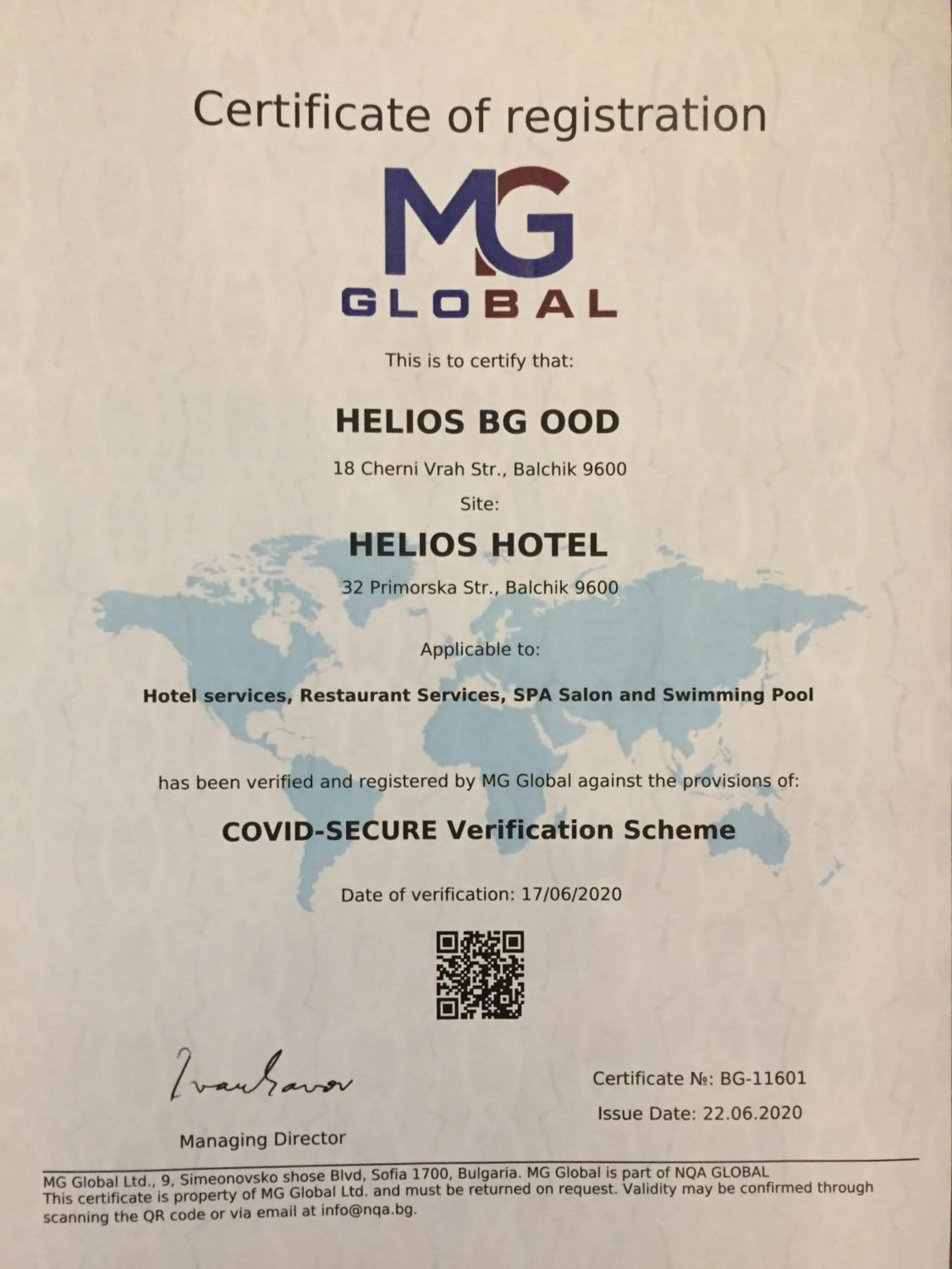 Certificate/Award in Helios Hotel
