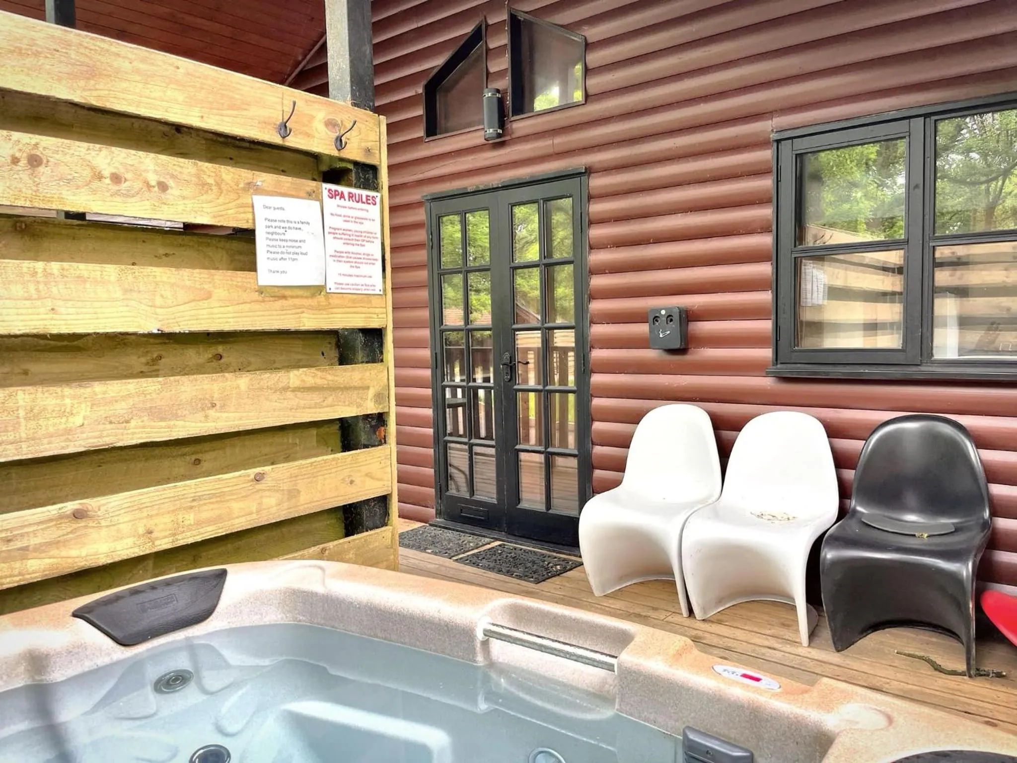 Patio in Goldcrest 3-Hot Tub-Woodland Lodges-Carmarthenshire-Tenby