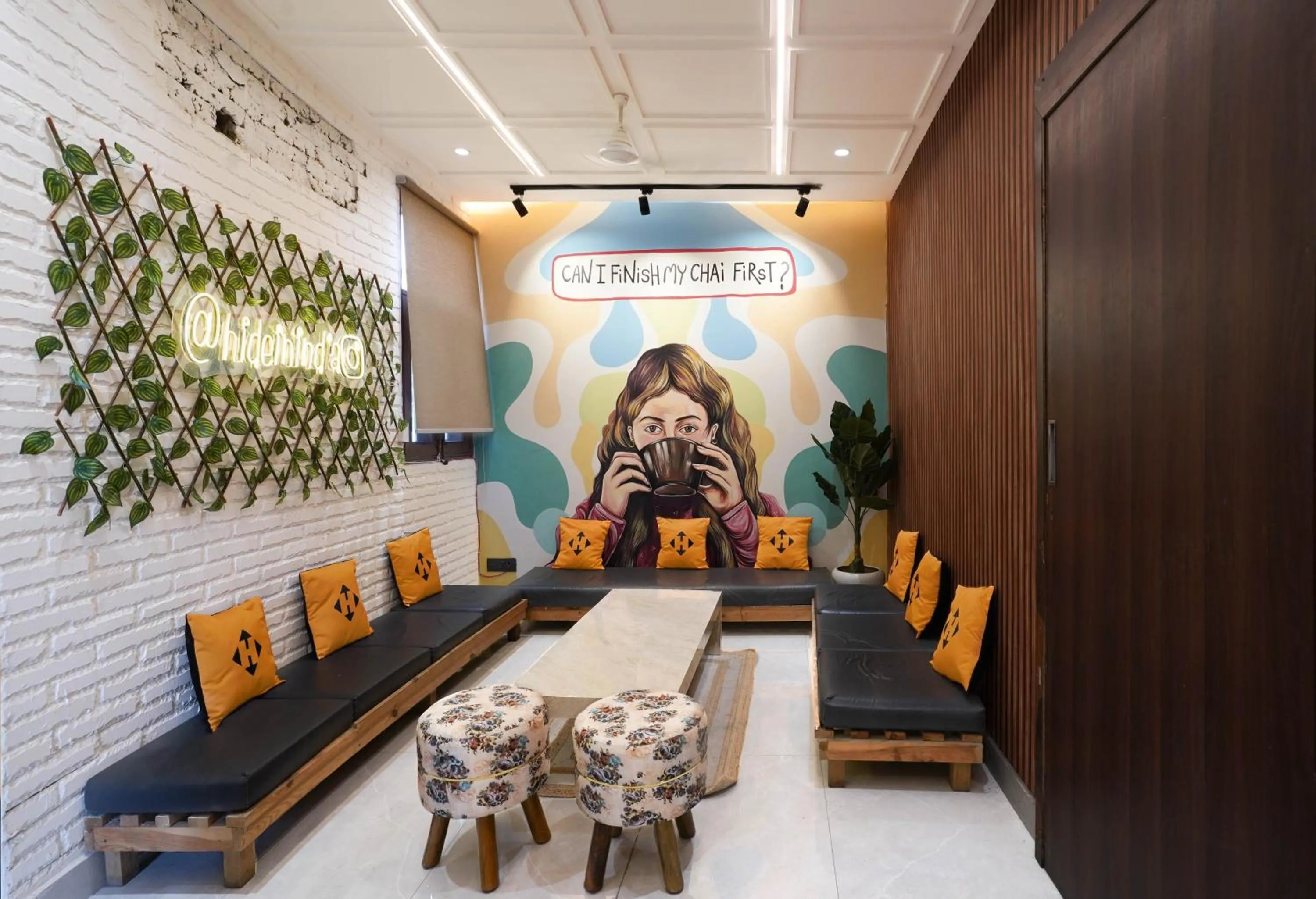 Seating area in Hide-In Hostel Delhi