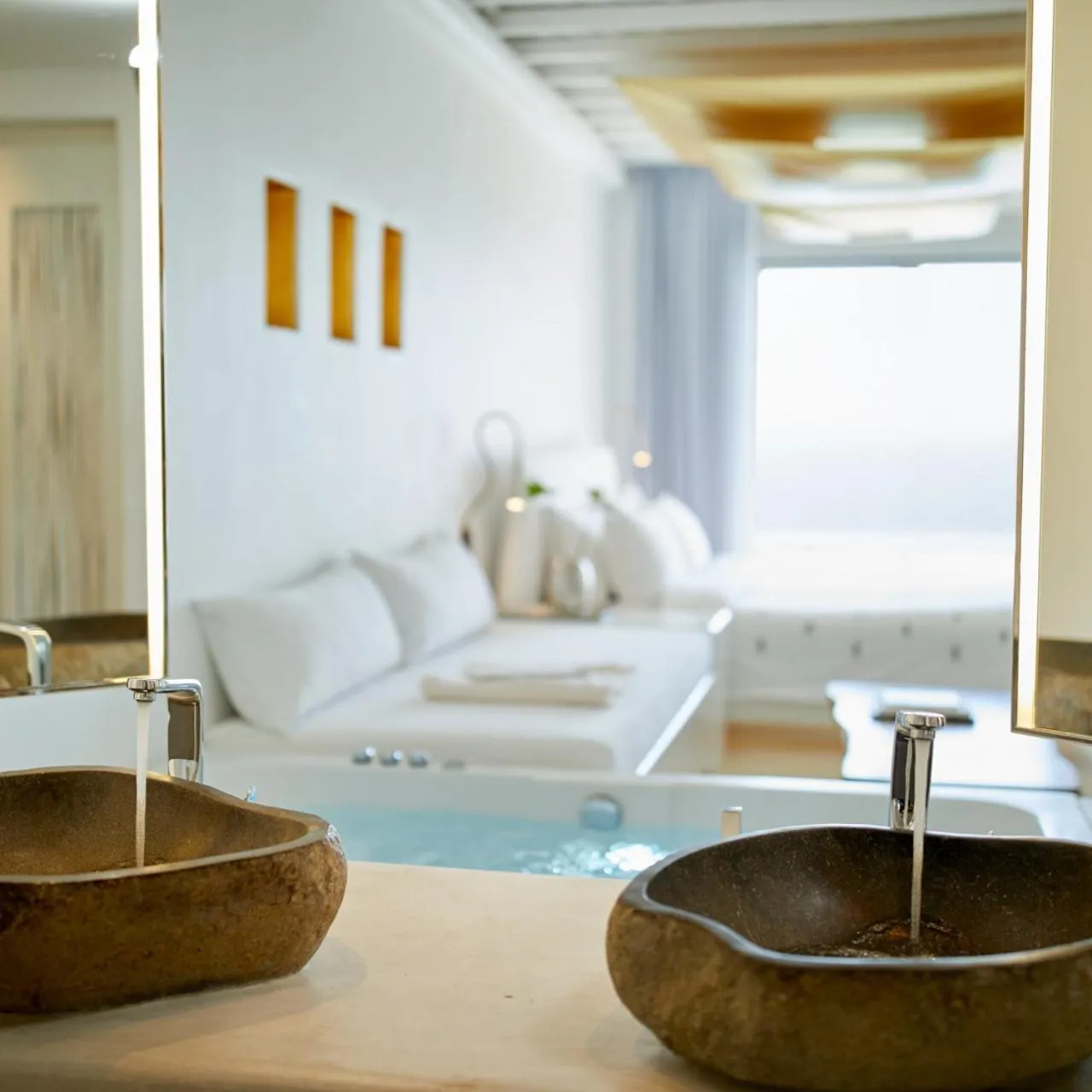 Bathroom, Bed in Cavo Tagoo Mykonos