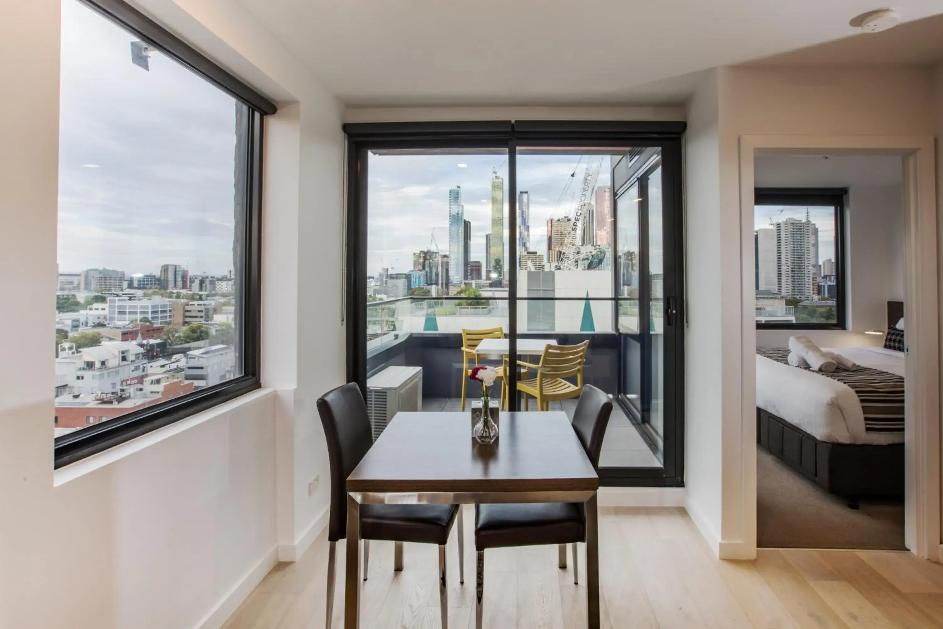 Balcony/Terrace, Bed in Spencer Street Apartments Balcony/Terrace, Bed in Spencer Street Apartments
