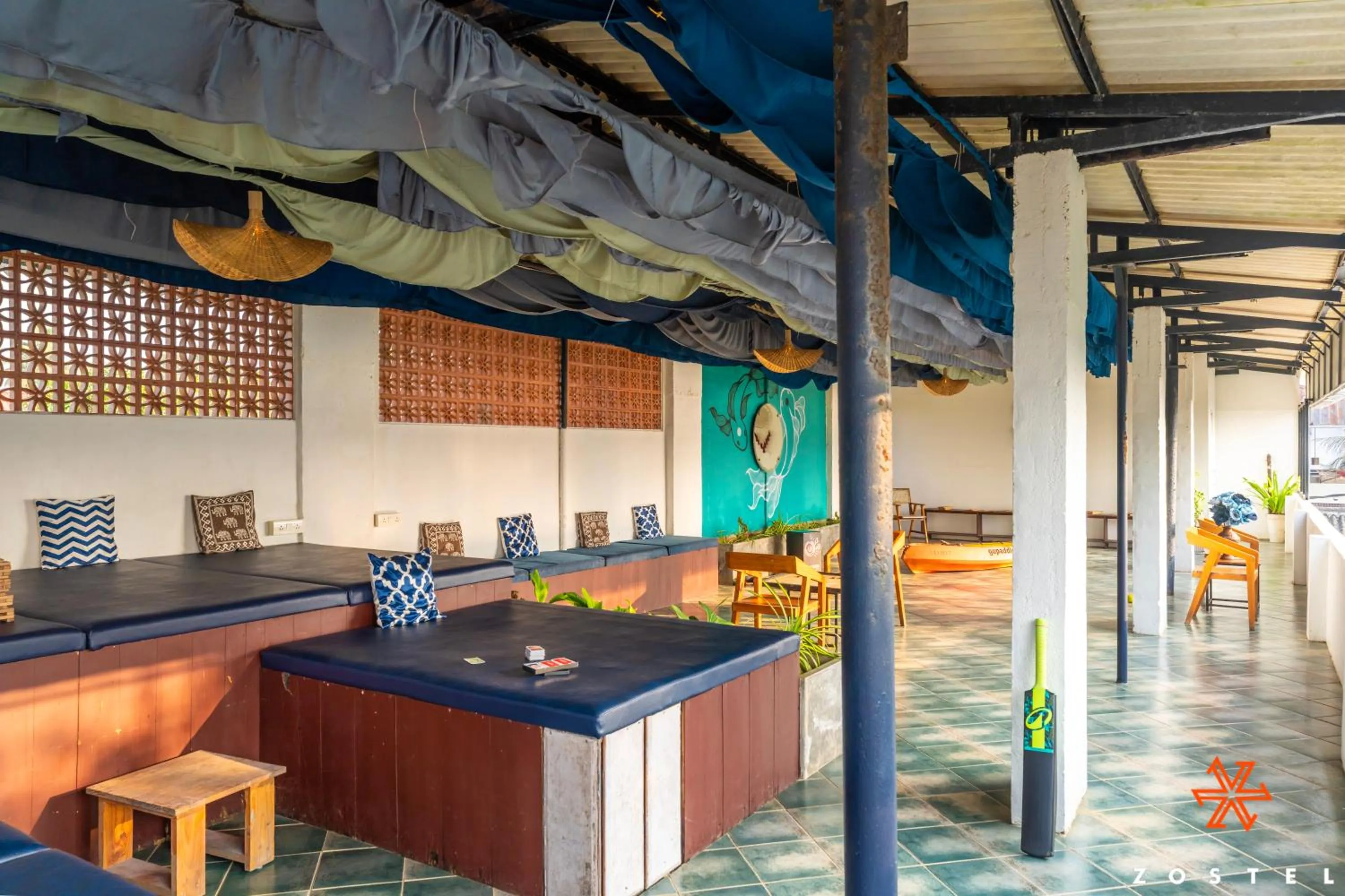 Seating area in Zostel Alleppey