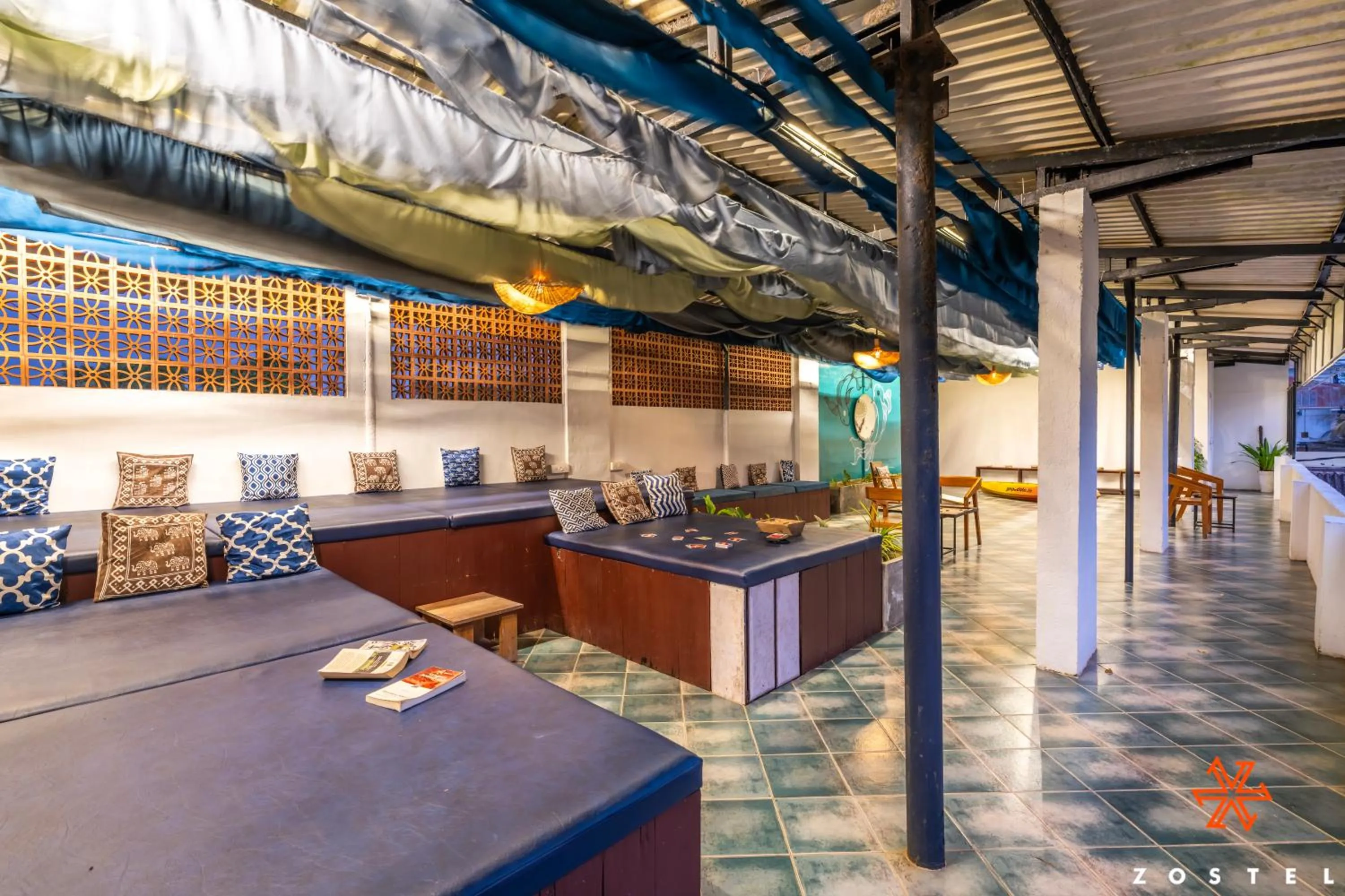 Seating area in Zostel Alleppey