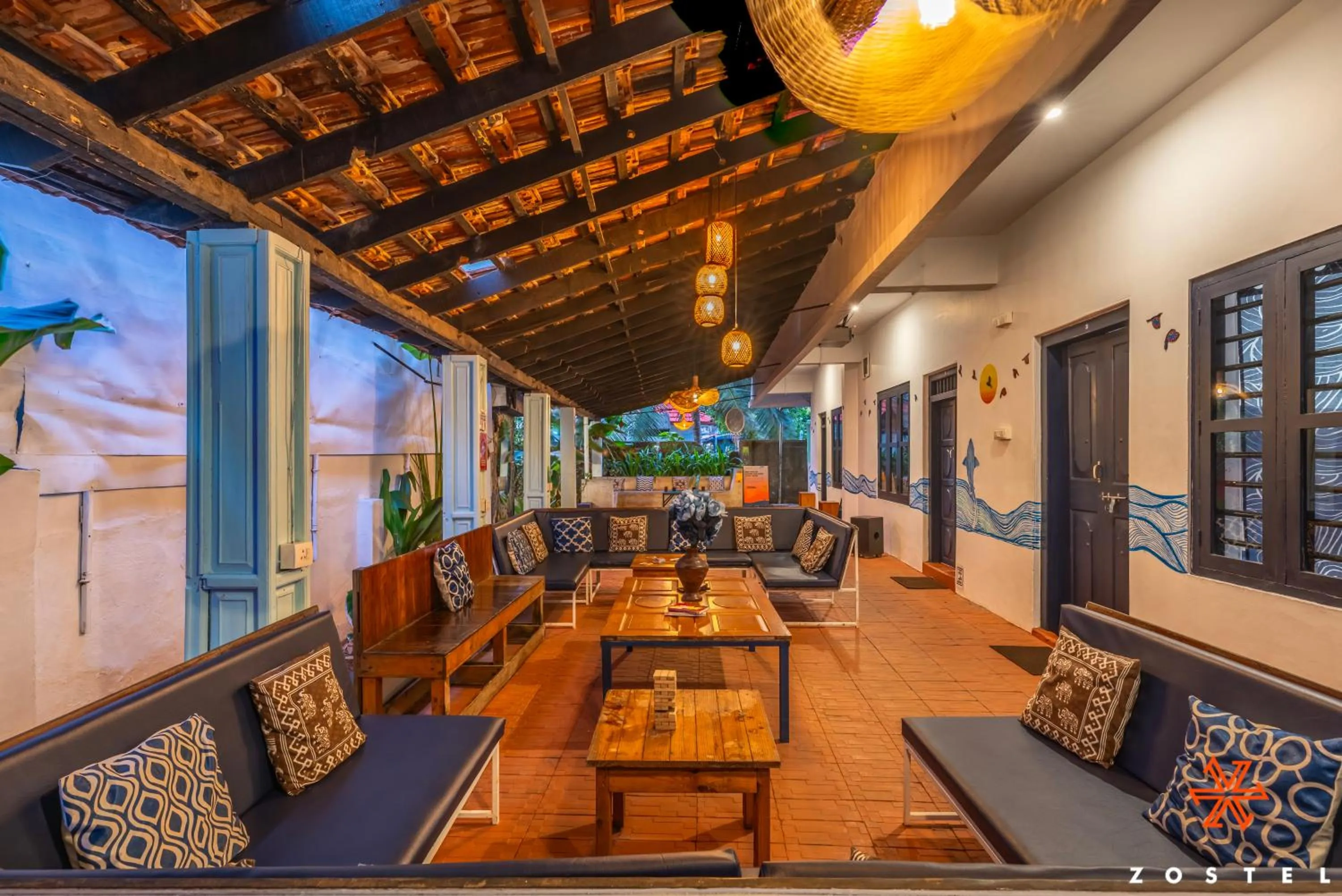Seating area in Zostel Alleppey