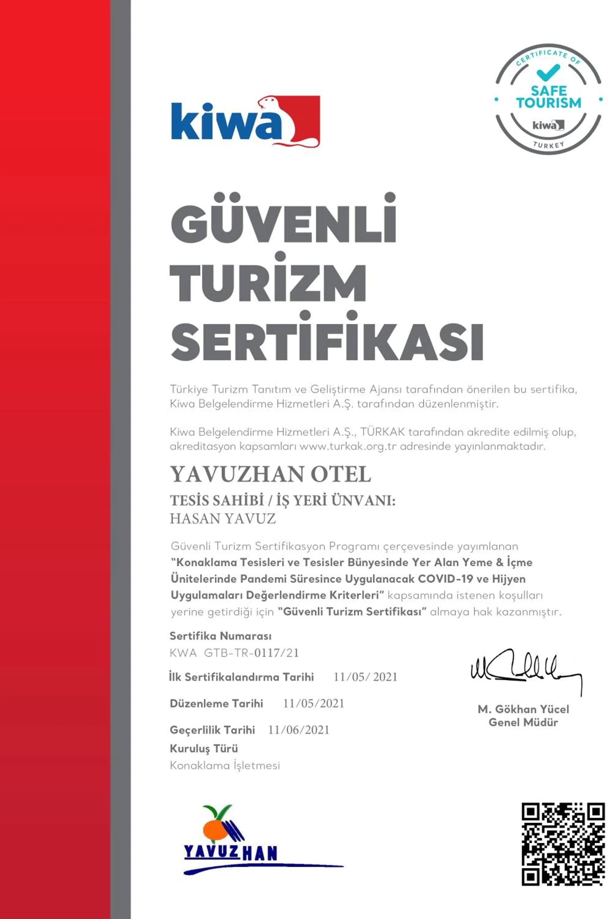 Certificate/Award in Yavuzhan Hotel