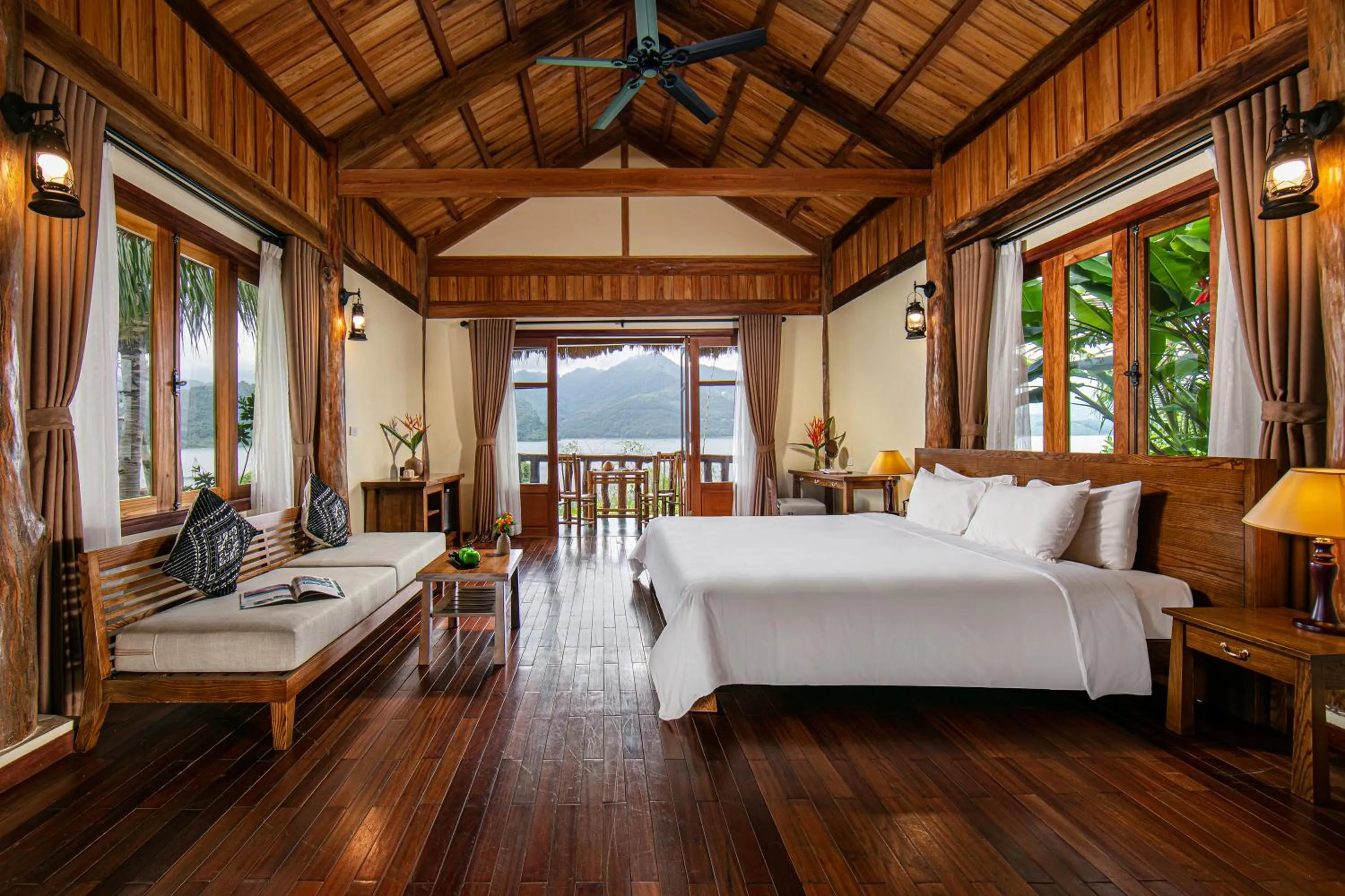 View (from property/room), Bed in Mai Chau Hideaway Lake Resort