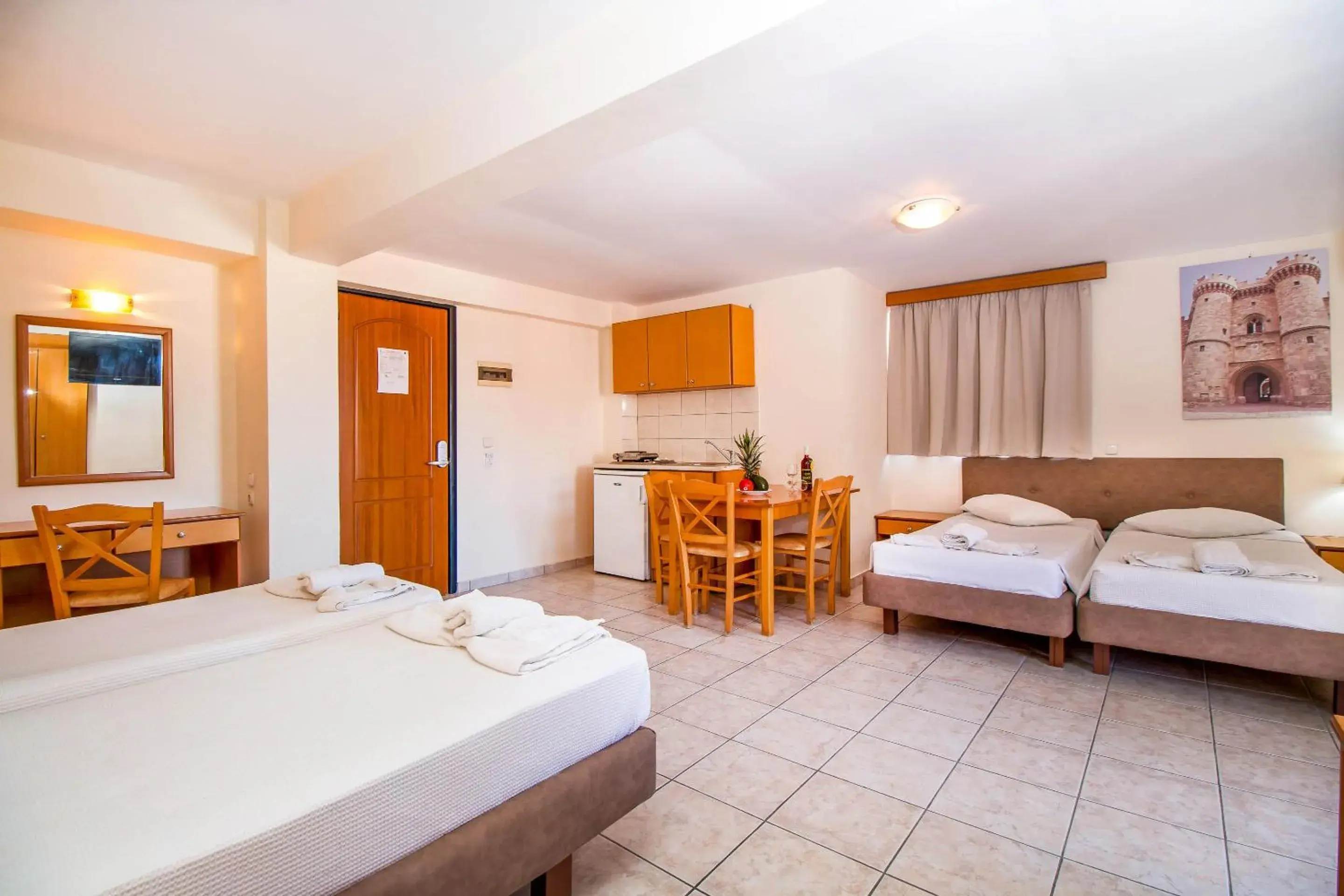 Kitchen or kitchenette, Bed in Filmar Hotel, Ixia, Rhodes Kitchen or kitchenette, Bed in Filmar Hotel, Ixia, Rhodes