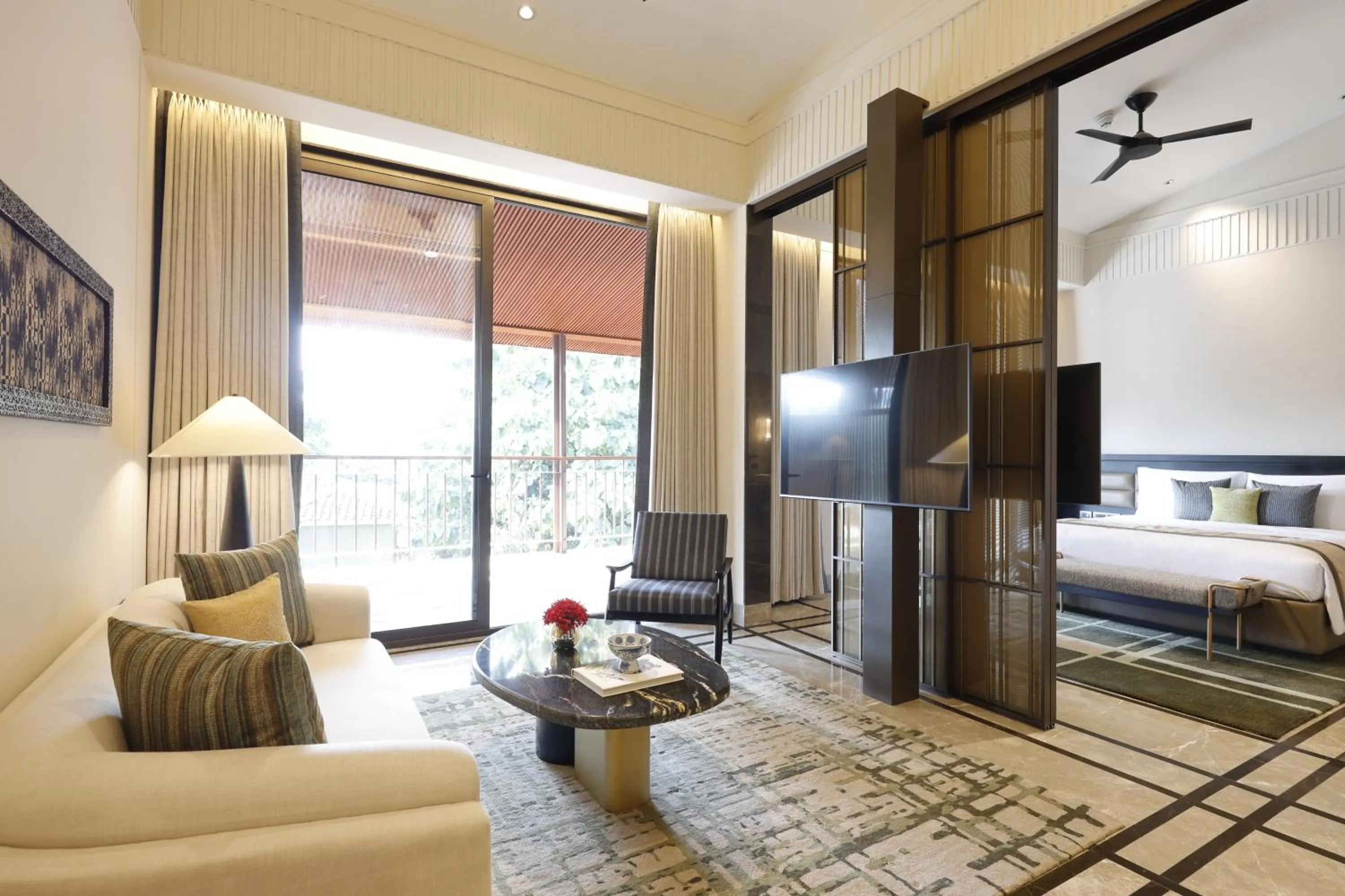 Living room, Bed in The Riverview Retreat Corbett by Leisure Hotels