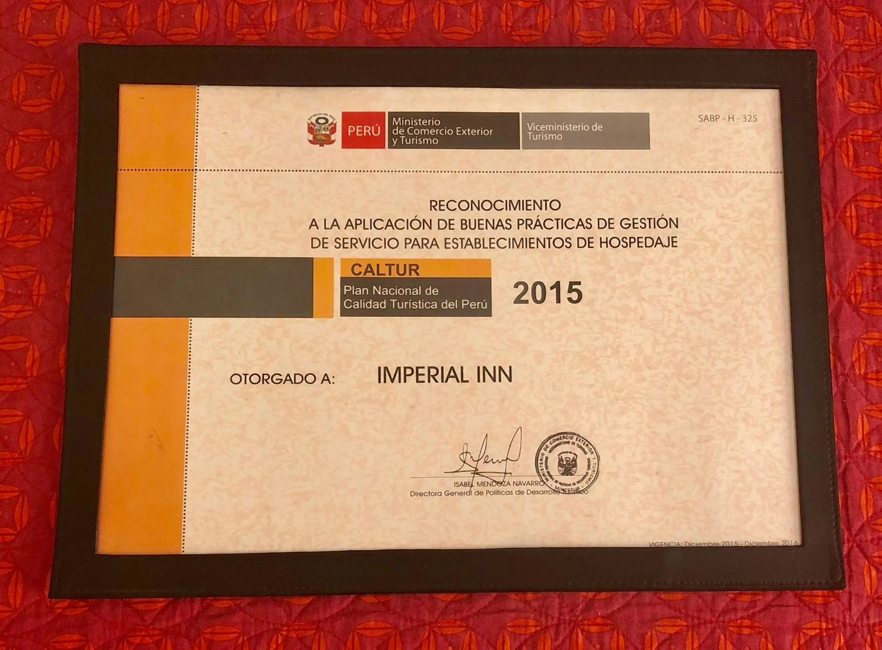 Certificate/Award in Imperial Inn Hospedaje Turistico