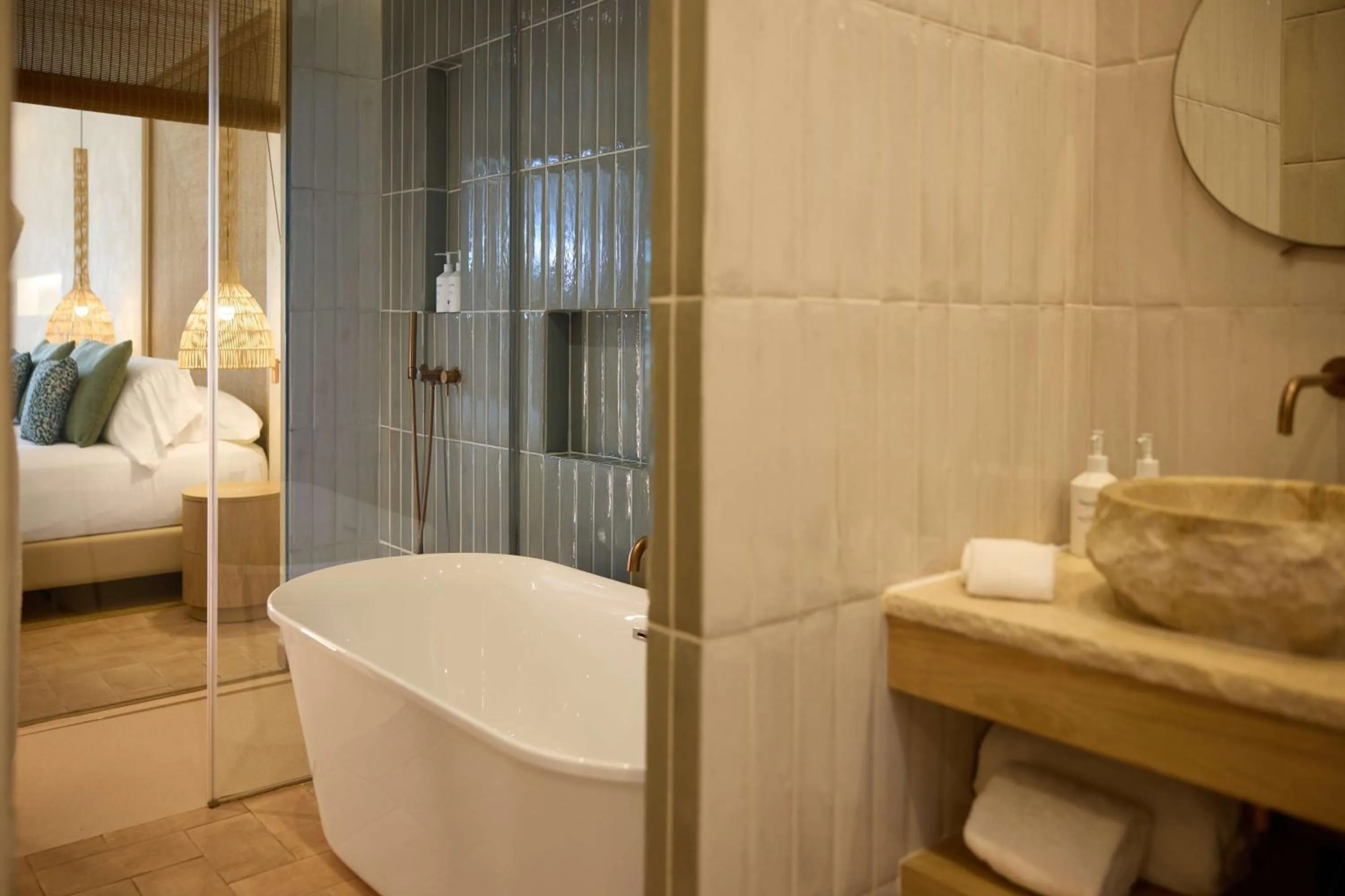 Bathroom, Bed in Cala San Miguel Ibiza Resort, Adults only, Curio Collection by Hilton