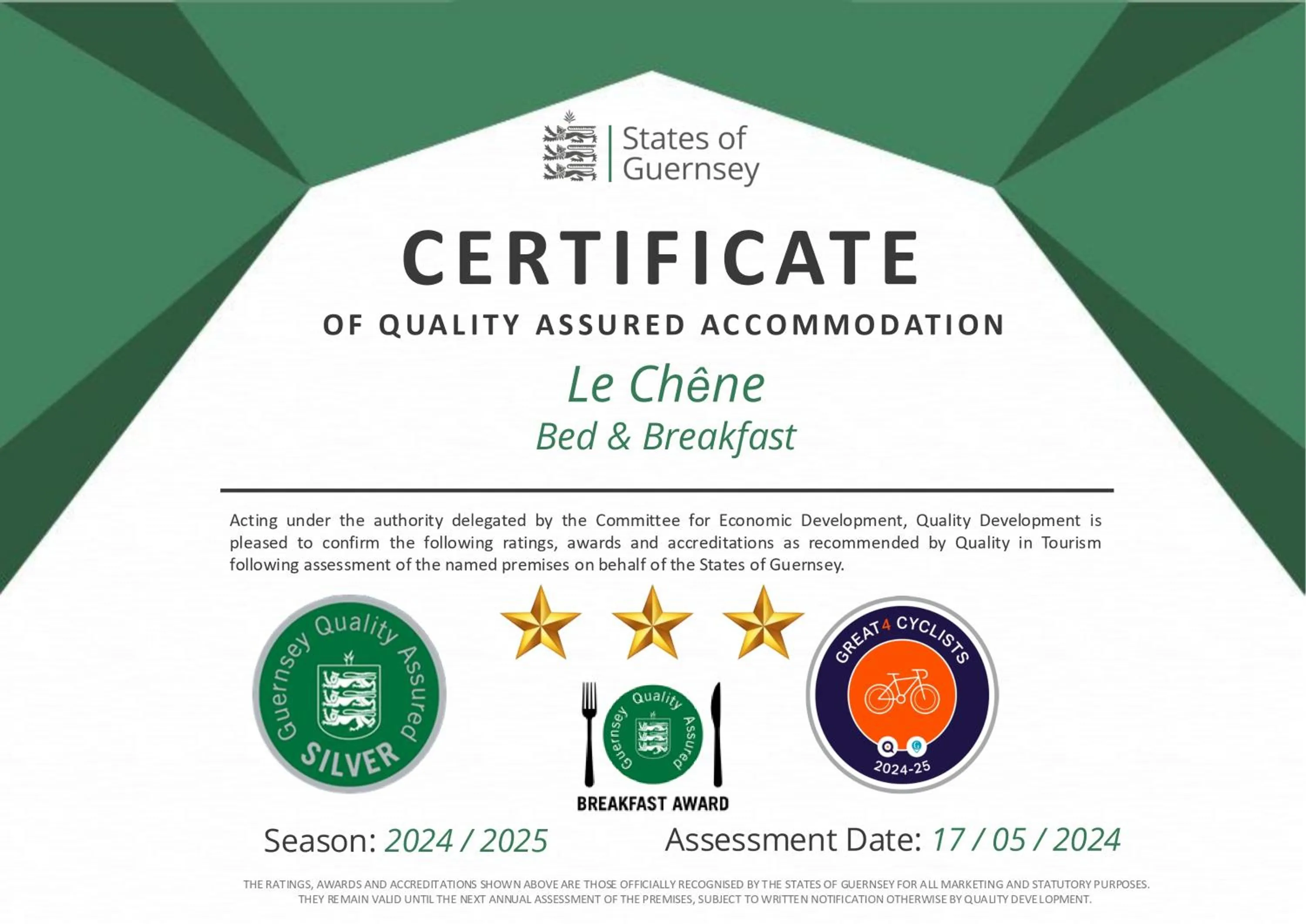 Certificate/Award in Le Chene Hotel
