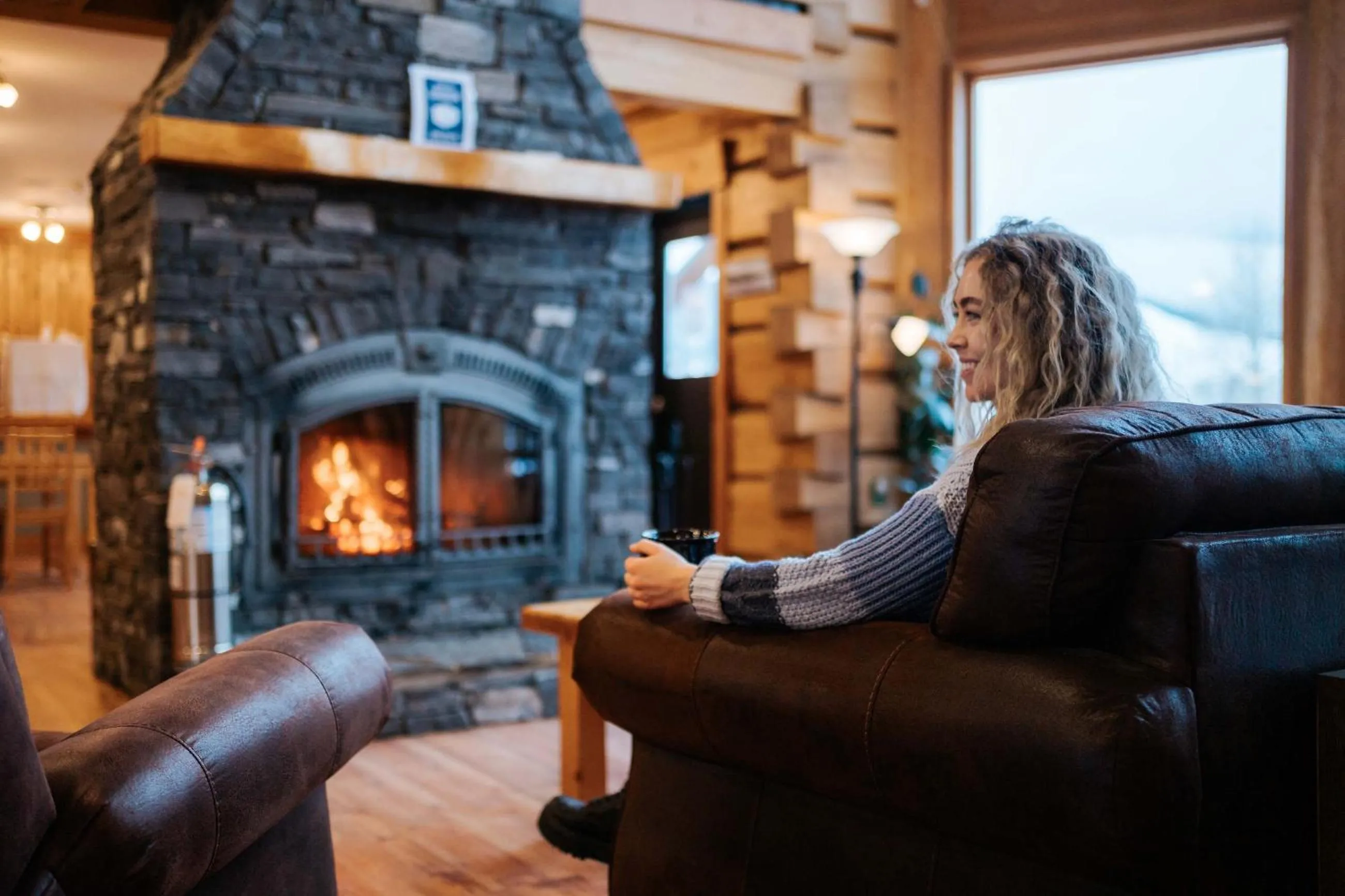 fireplace in Basecamp Lodge Golden