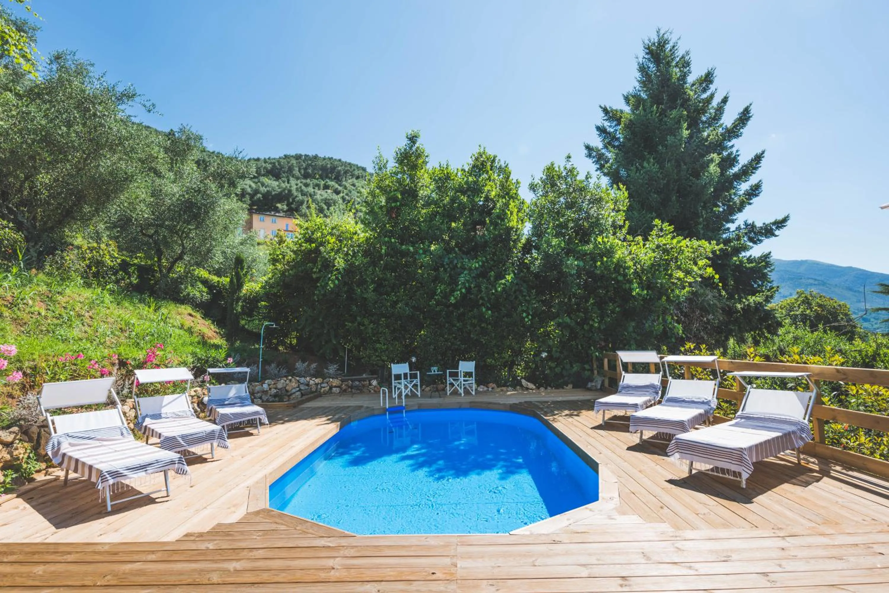 Exclusive beautiful pool house surrounded by greenery, modern, luxury finishes
