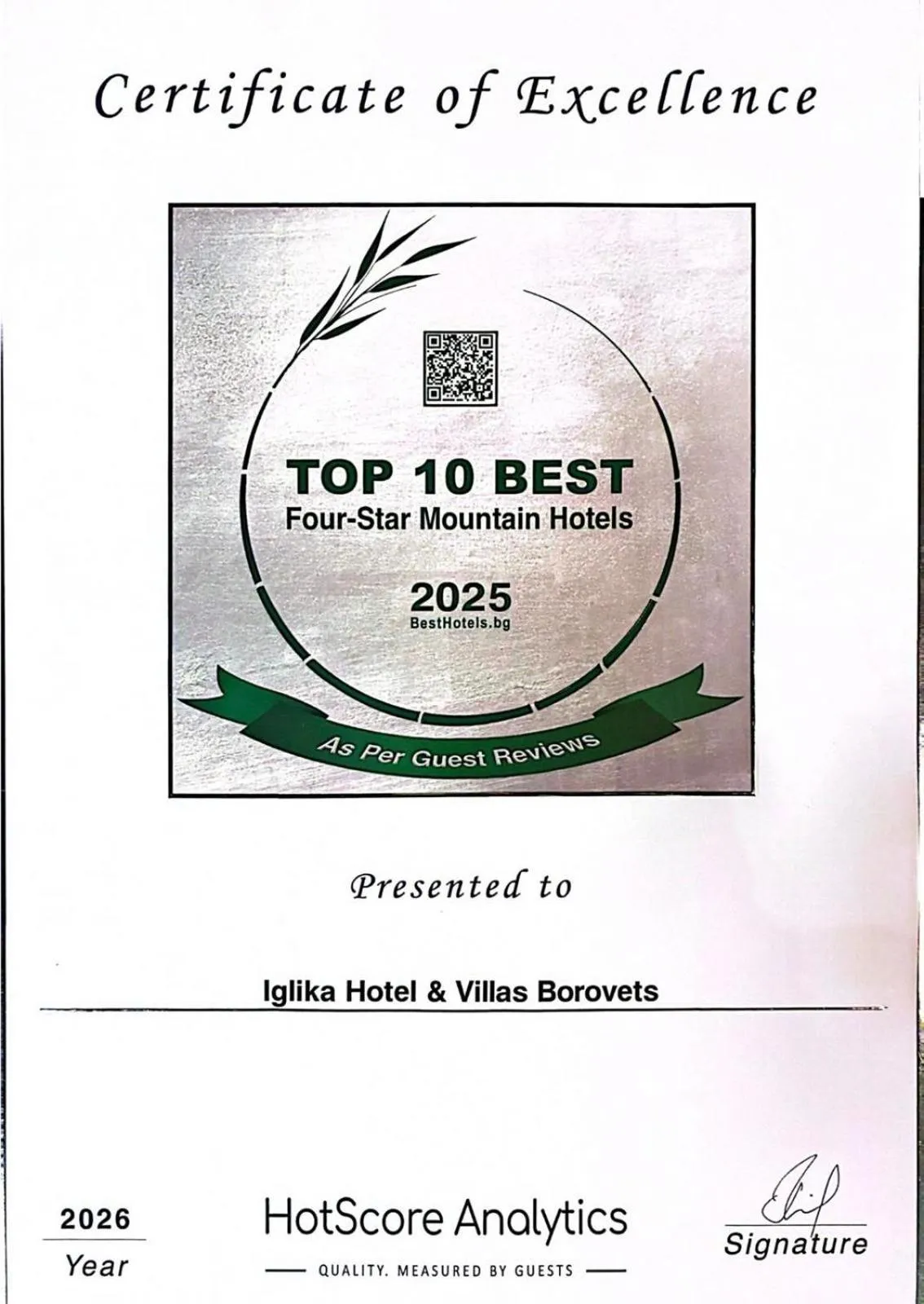 Certificate/Award in Iglika Hotel & Villas Borovets