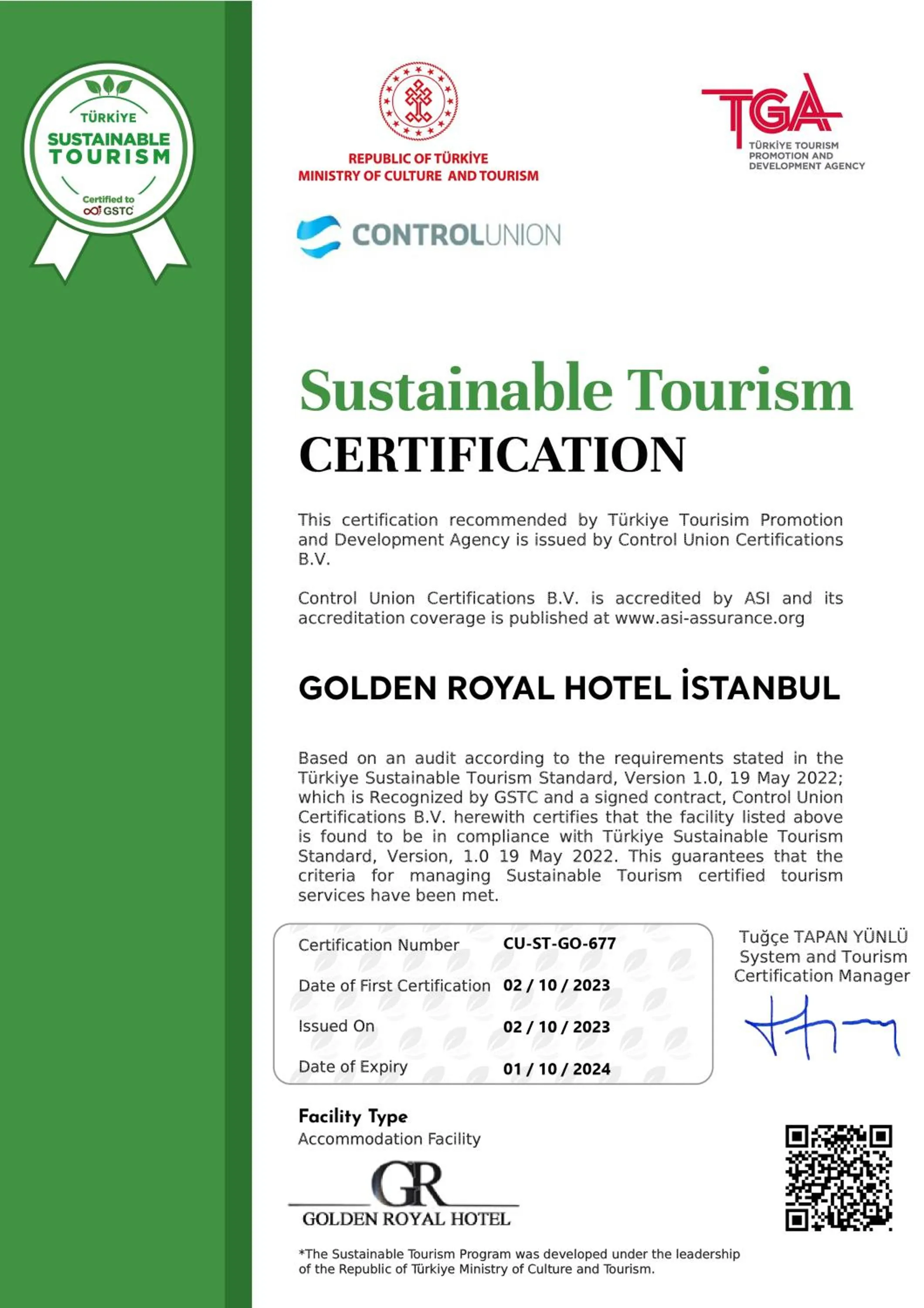 Certificate/Award in Golden Royal Hotel & SPA