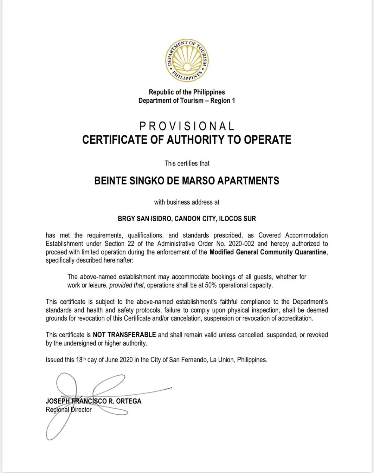 Certificate/Award in Beinte Singko de Marso Apartments