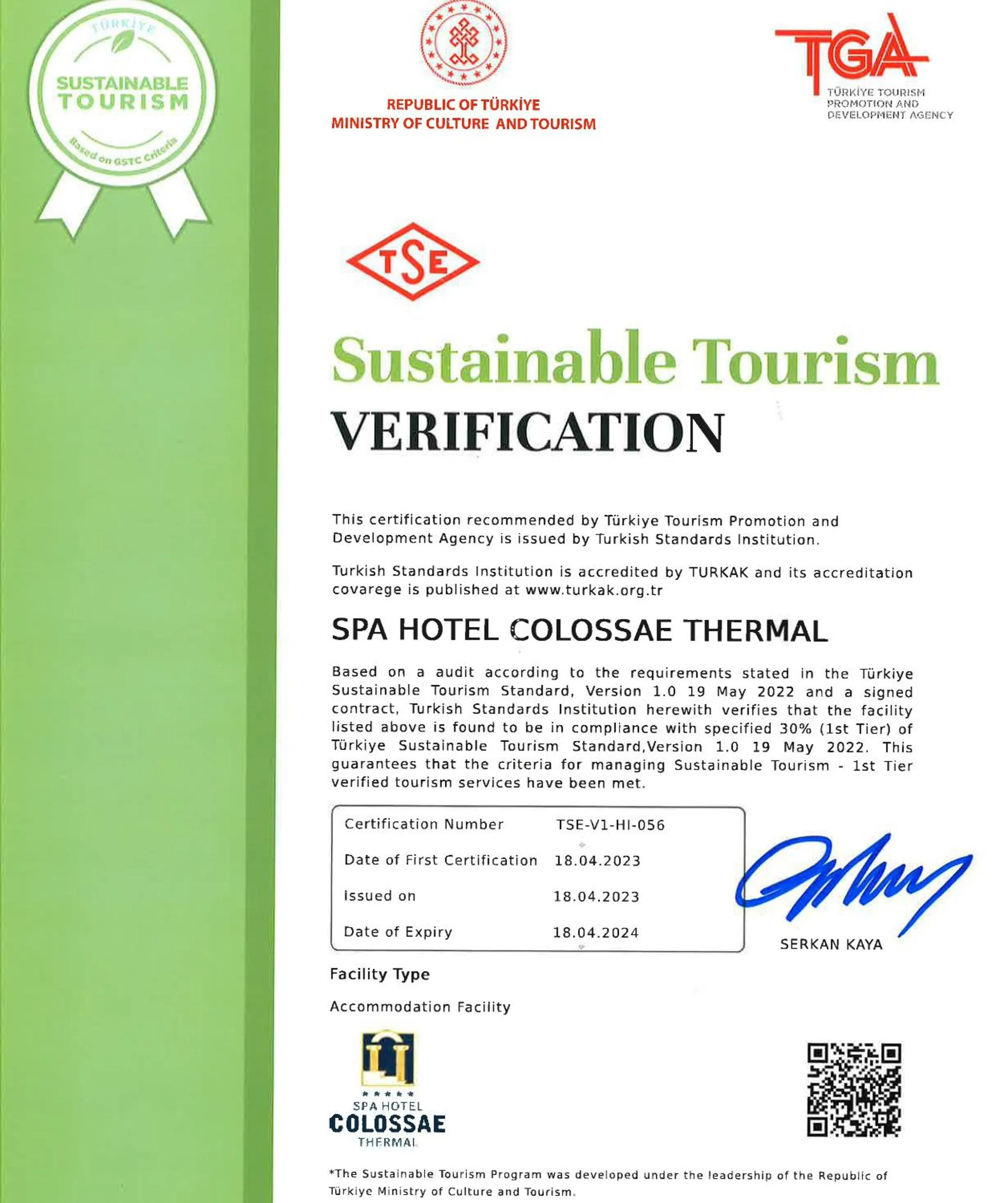Certificate/Award in Spa Hotel Colossae Thermal