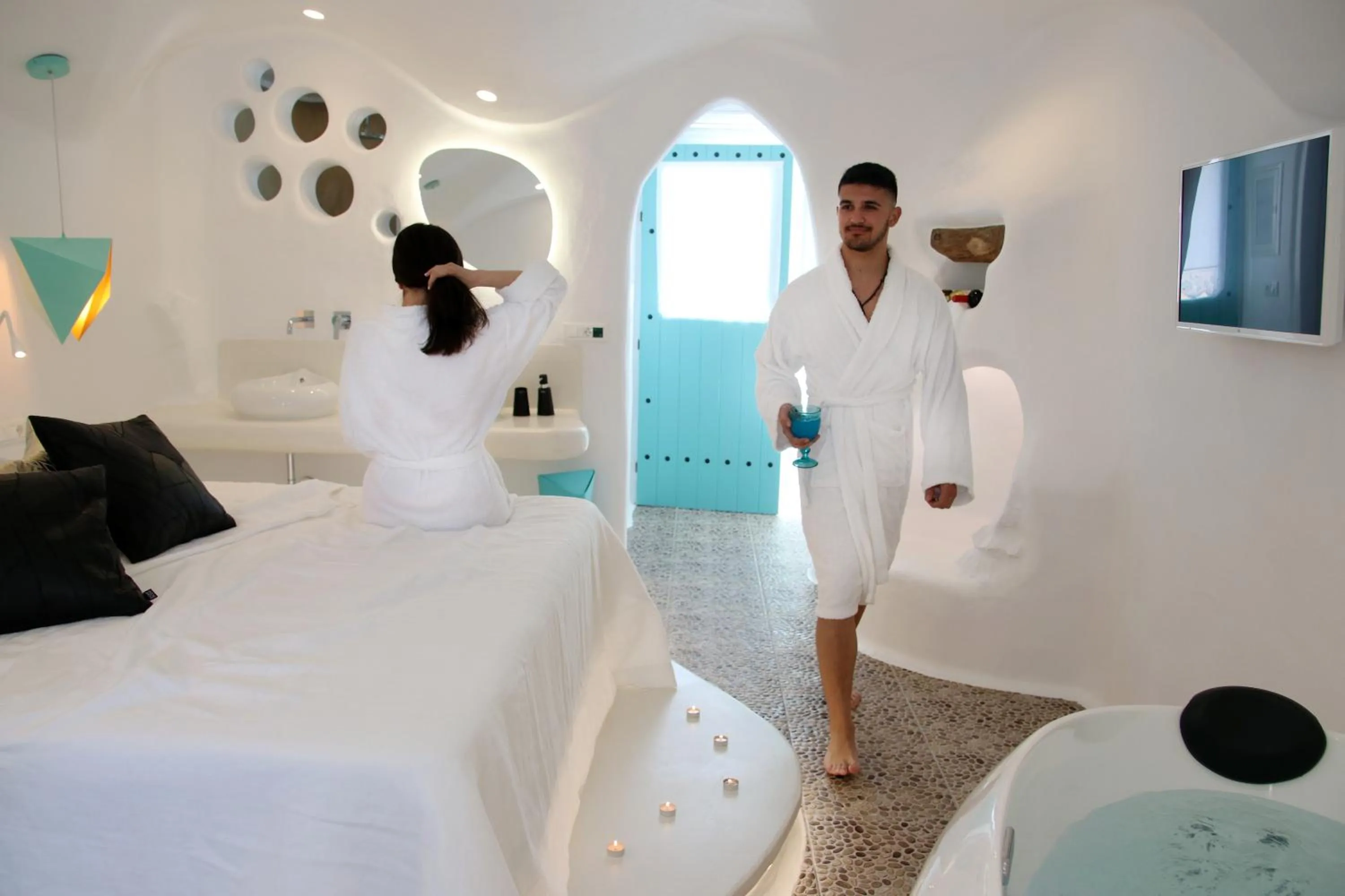 Bed in Naxos Cave Suites