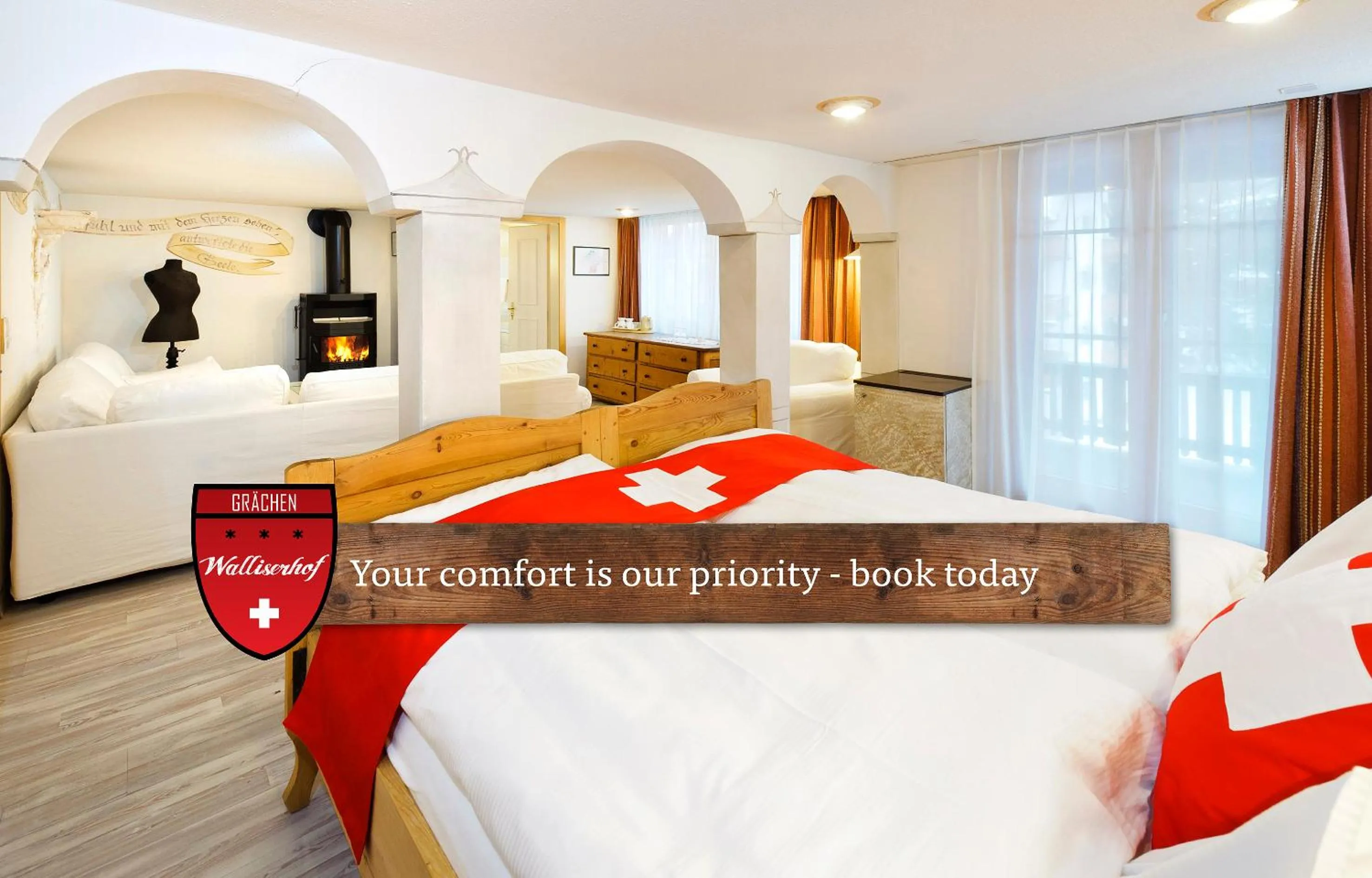 Living room, Bed in Hotel Walliserhof - The Dom Collection