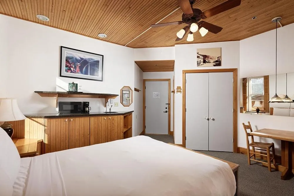 Kitchen or kitchenette, Bed in Independence Square 311, Best Location! Hotel Room with Rooftop Hot Tub in Aspen