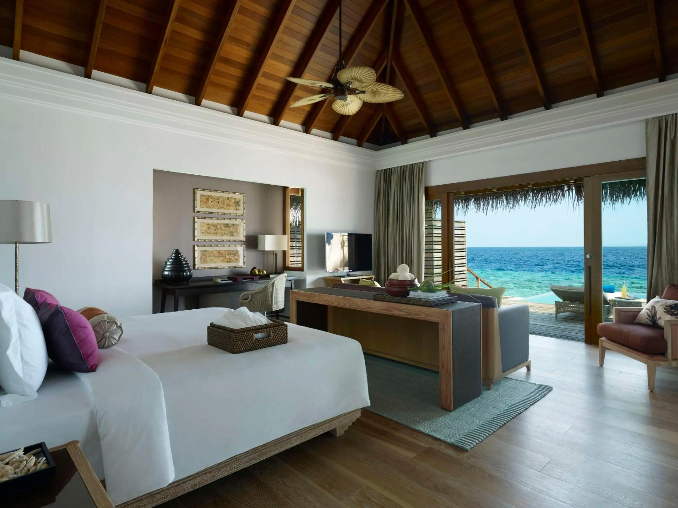 View (from property/room), Bed in Dusit Thani Maldives - 50 percent discount on transfers for stays until 20 Dec 2025