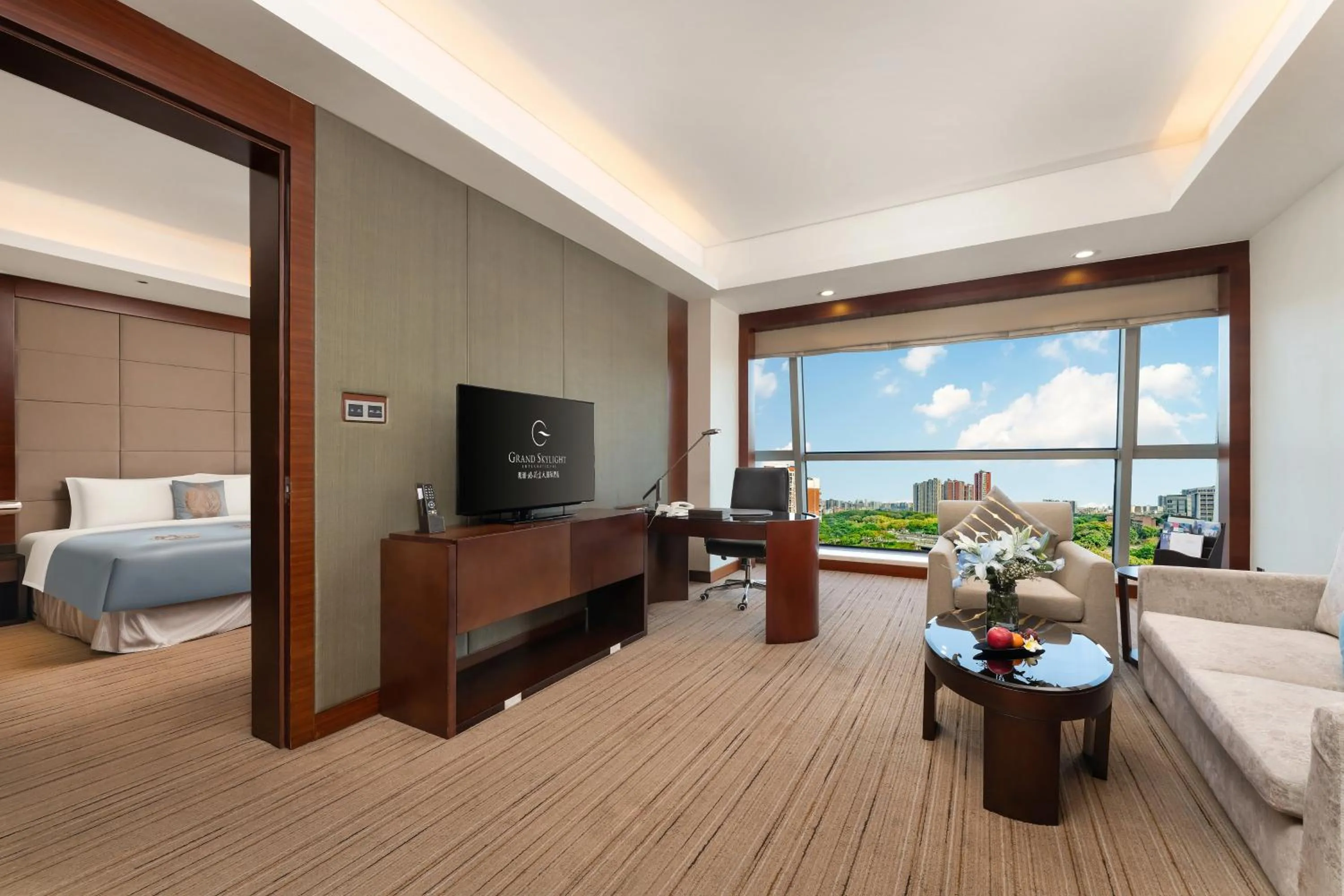 Living room, Bed in Grand Skylight International Hotel Shenzhen Guanlan, Near Metro Station, Huawei, Foxcnn, Shenzhen North Railway