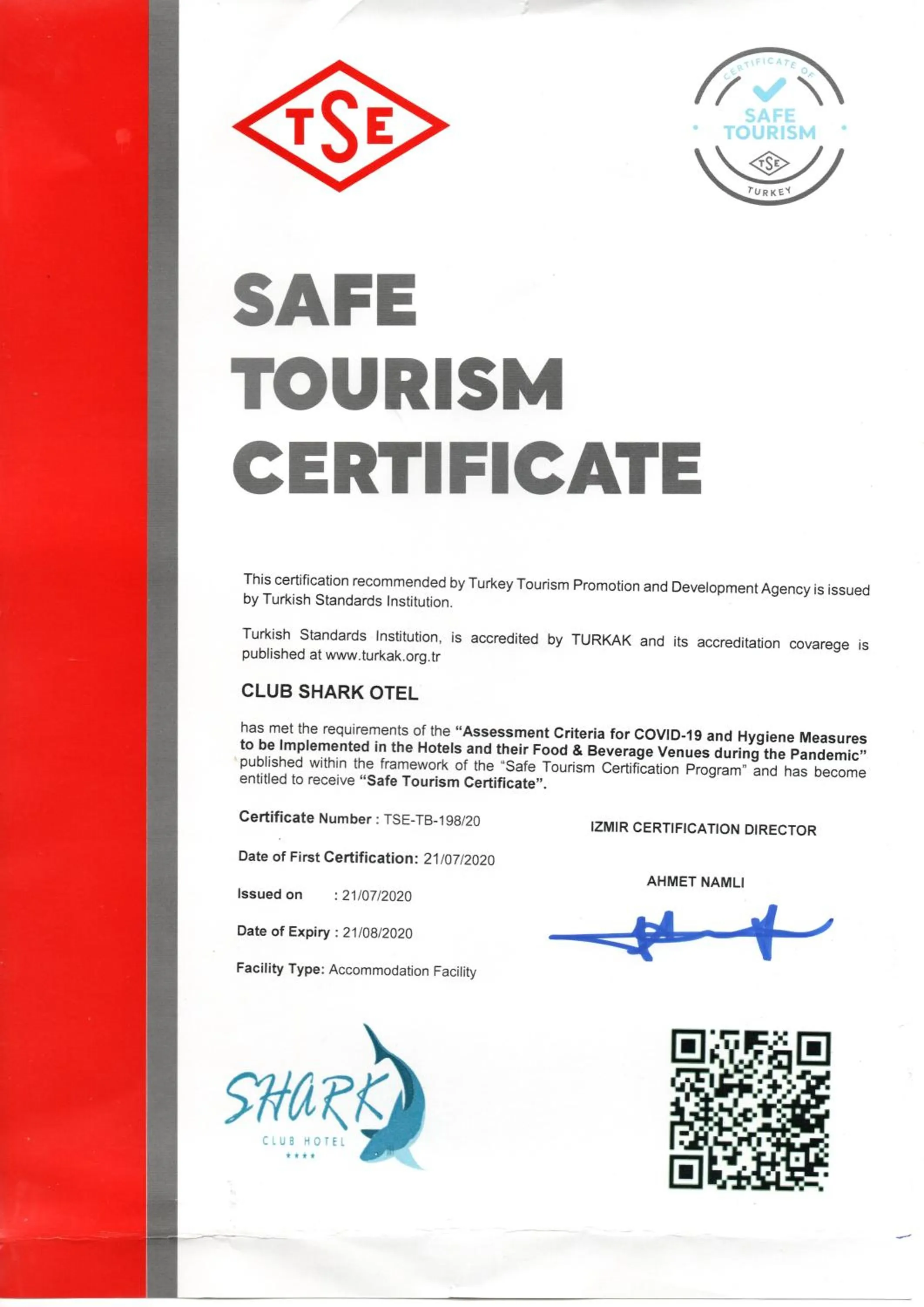 Certificate/Award in Club Shark Hotel