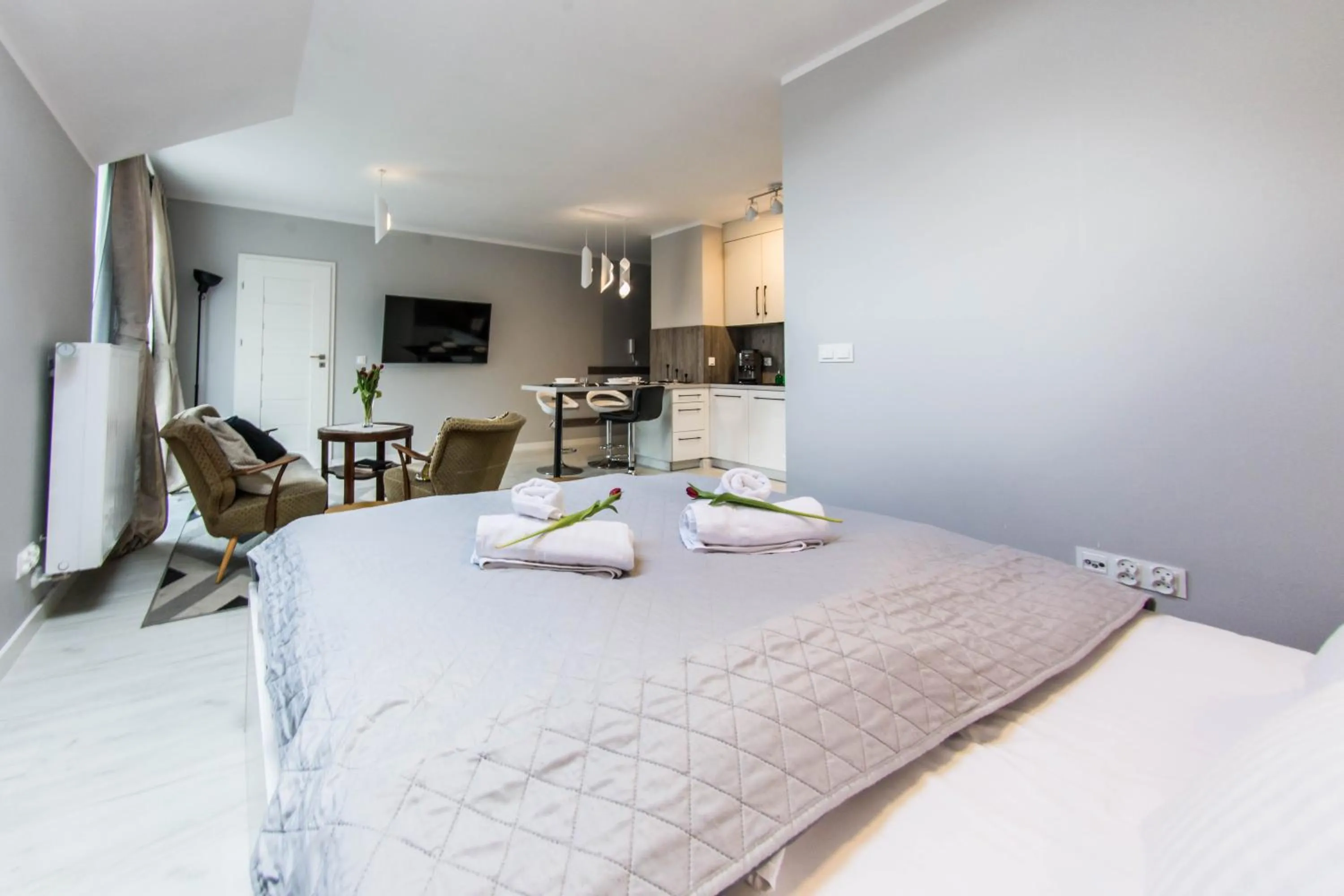 Kitchen or kitchenette, Bed in Apartamenty Izerskie - ul. Cicha 13H-I