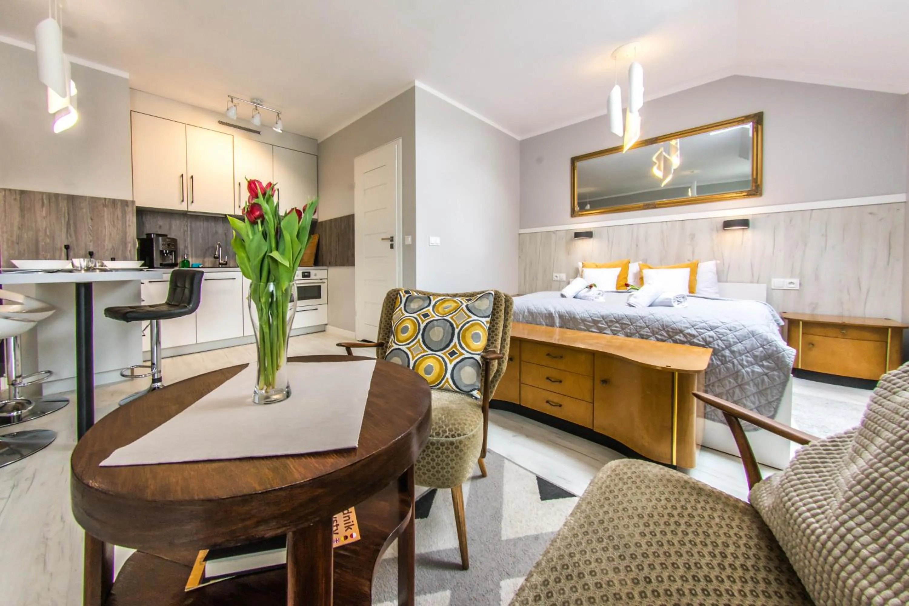 Kitchen or kitchenette, Bed in Apartamenty Izerskie - ul. Cicha 13H-I