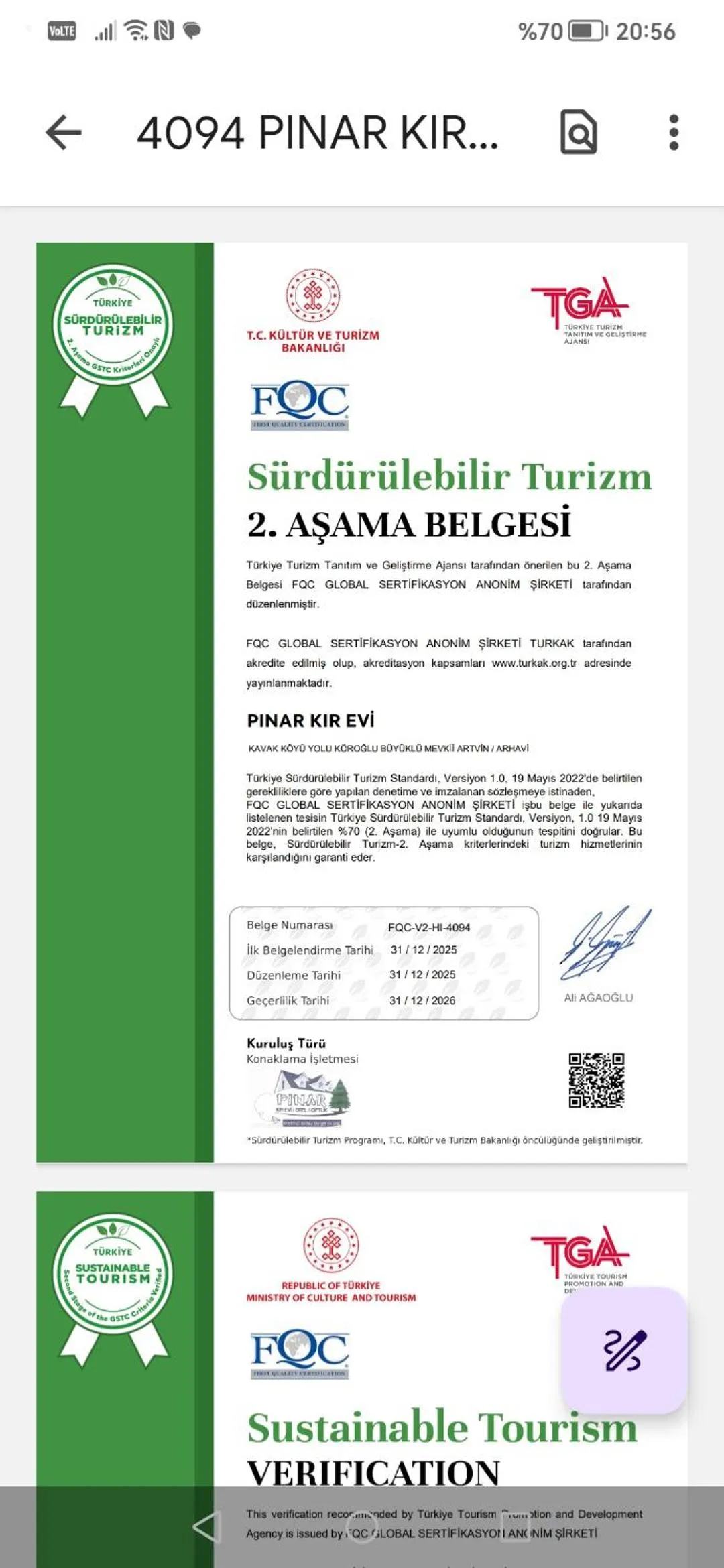 Certificate/Award in pınar kır evi