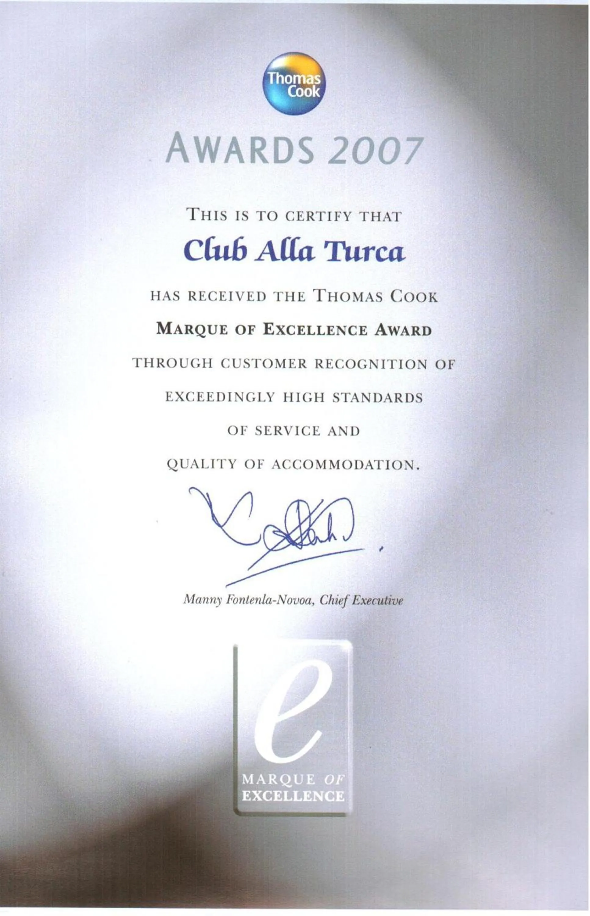Certificate/Award in Club Alla Turca