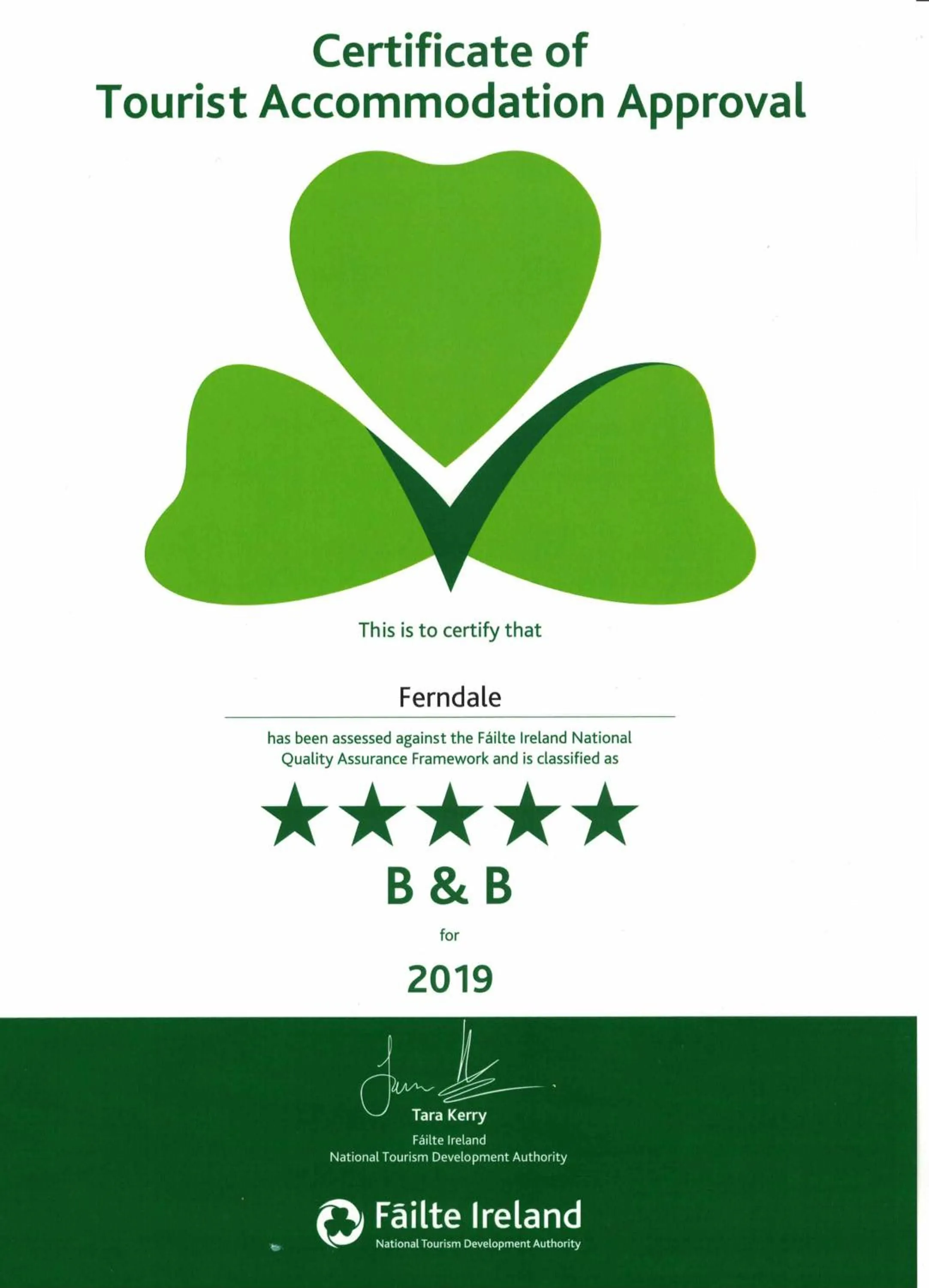 Certificate/Award in Ferndale Luxury Boutique Bed & Breakfast