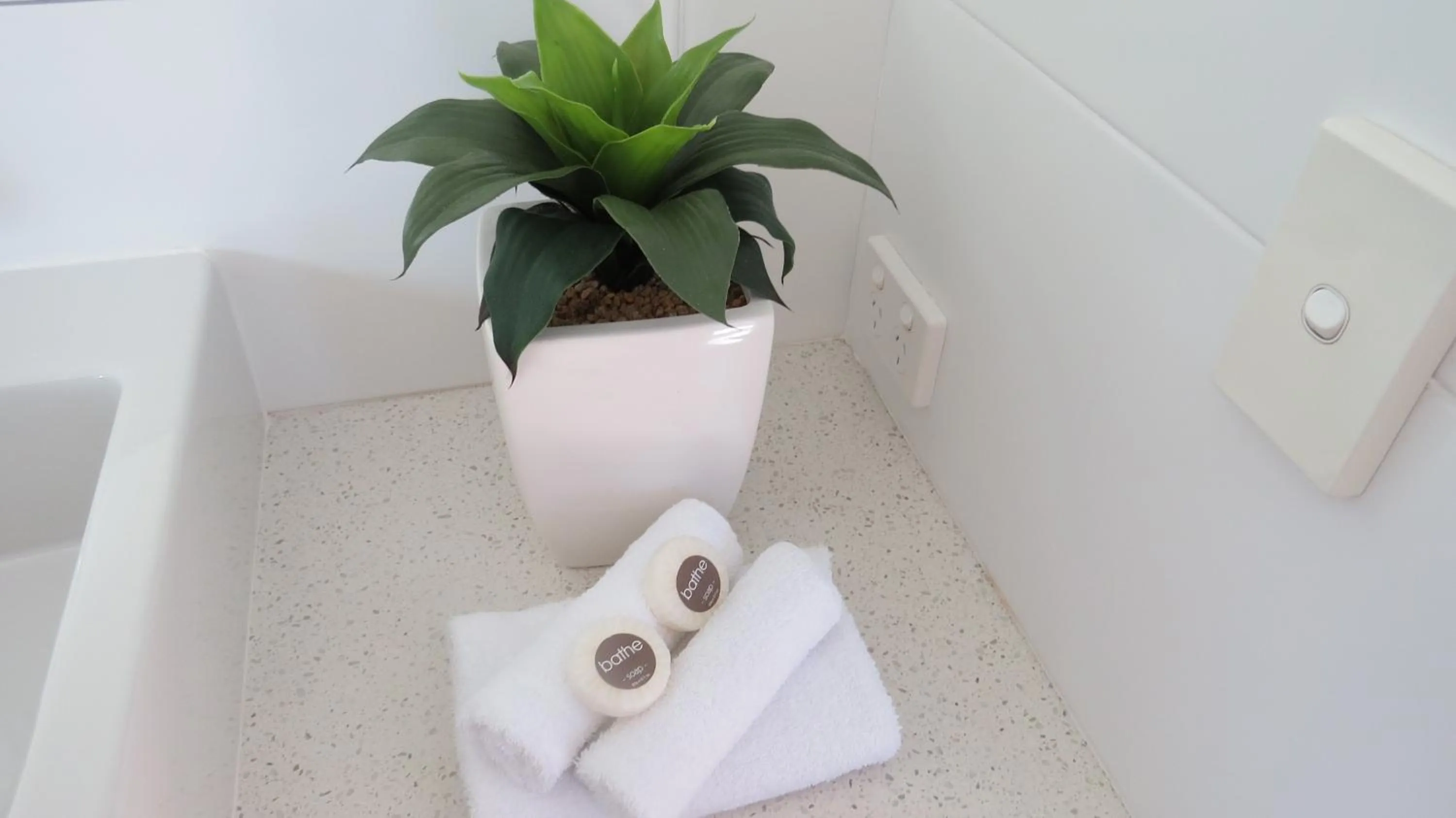 Bathroom in Bayview Beachfront Apartments, in town right on the beach