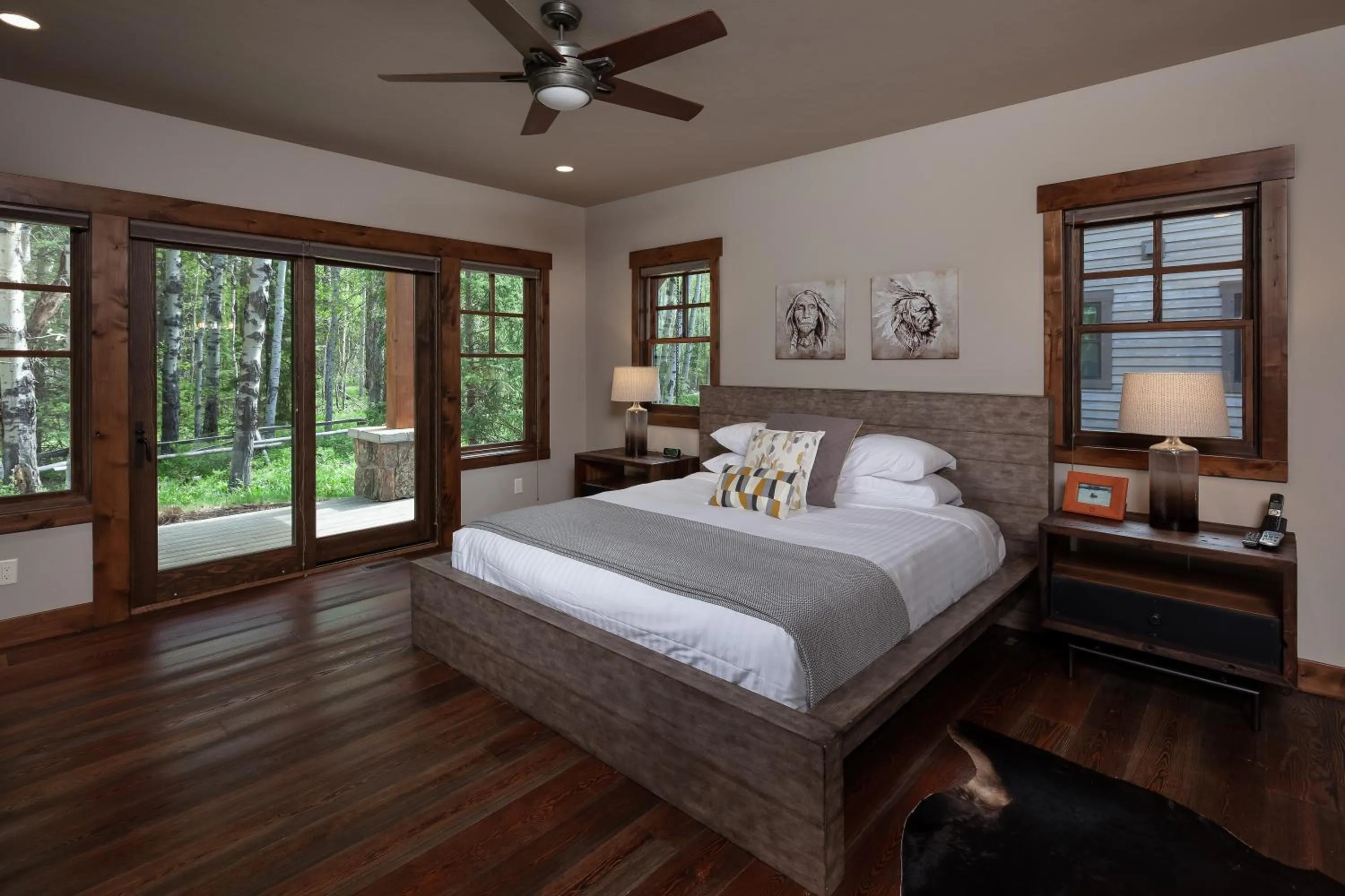 Patio, Bed in Lodge at Whitefish Lake