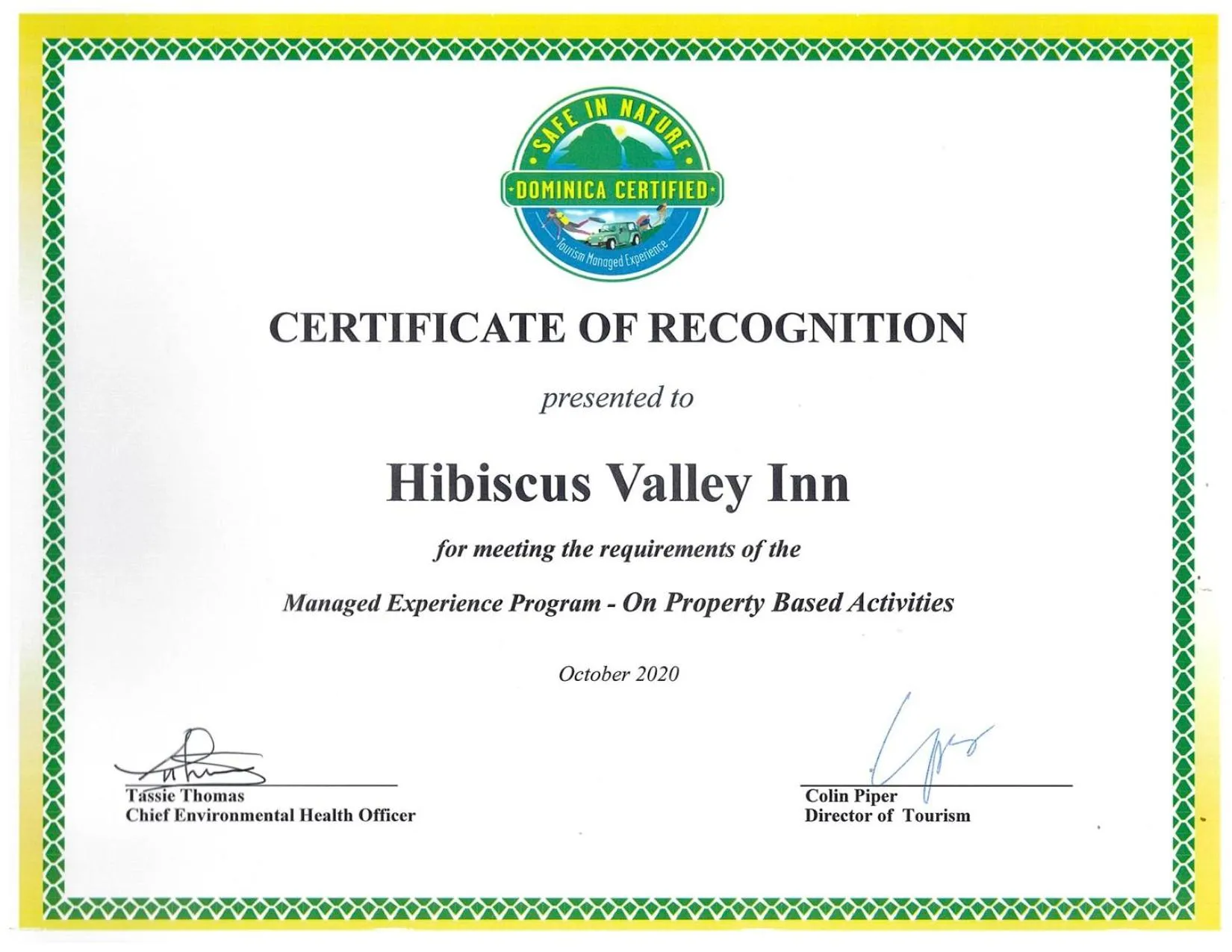 Certificate/Award in Hibiscus Valley Inn