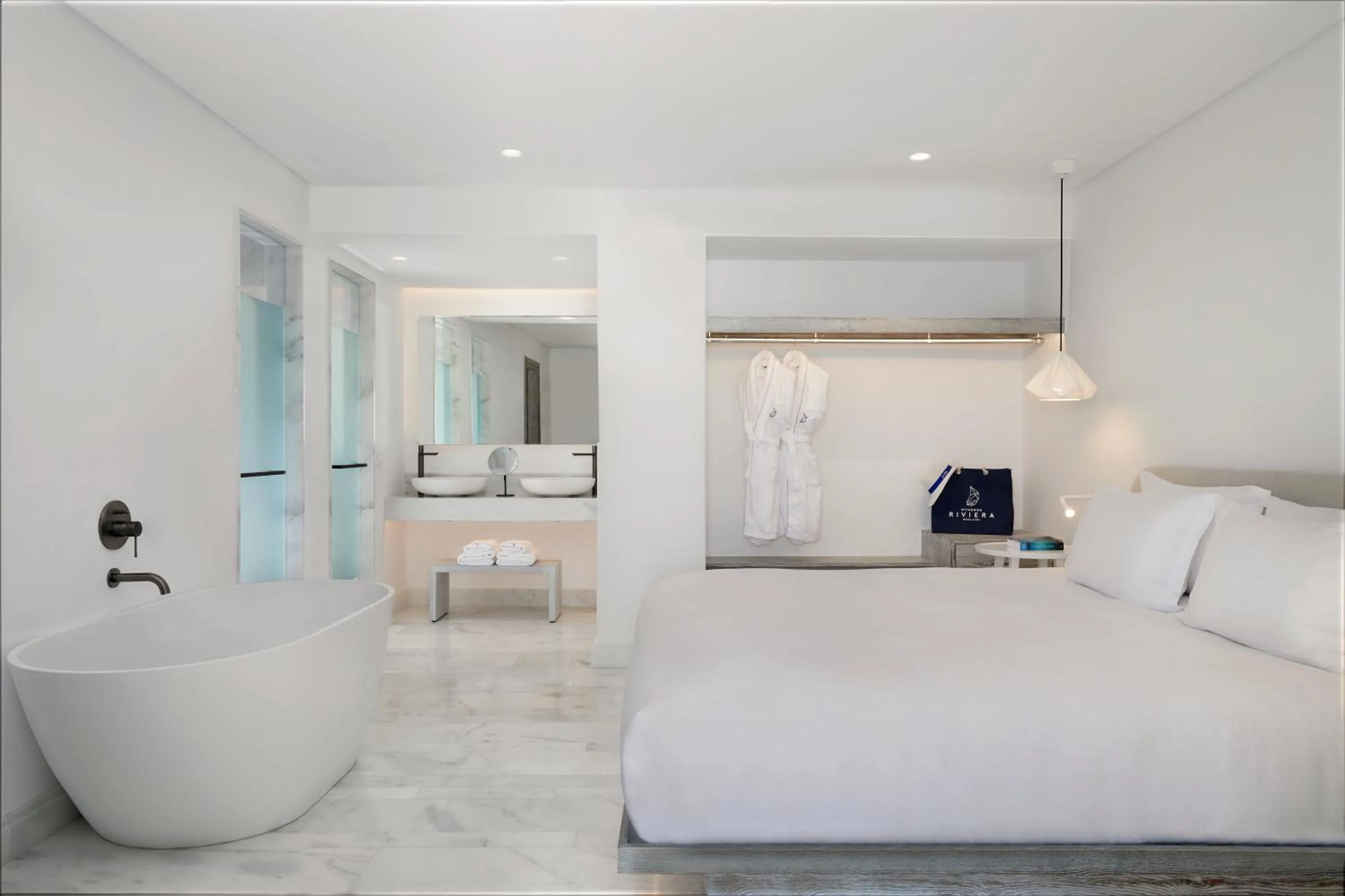 Bathroom, Bed in Mykonos Riviera Hotel & Spa, a member of Small Luxury Hotels of the World