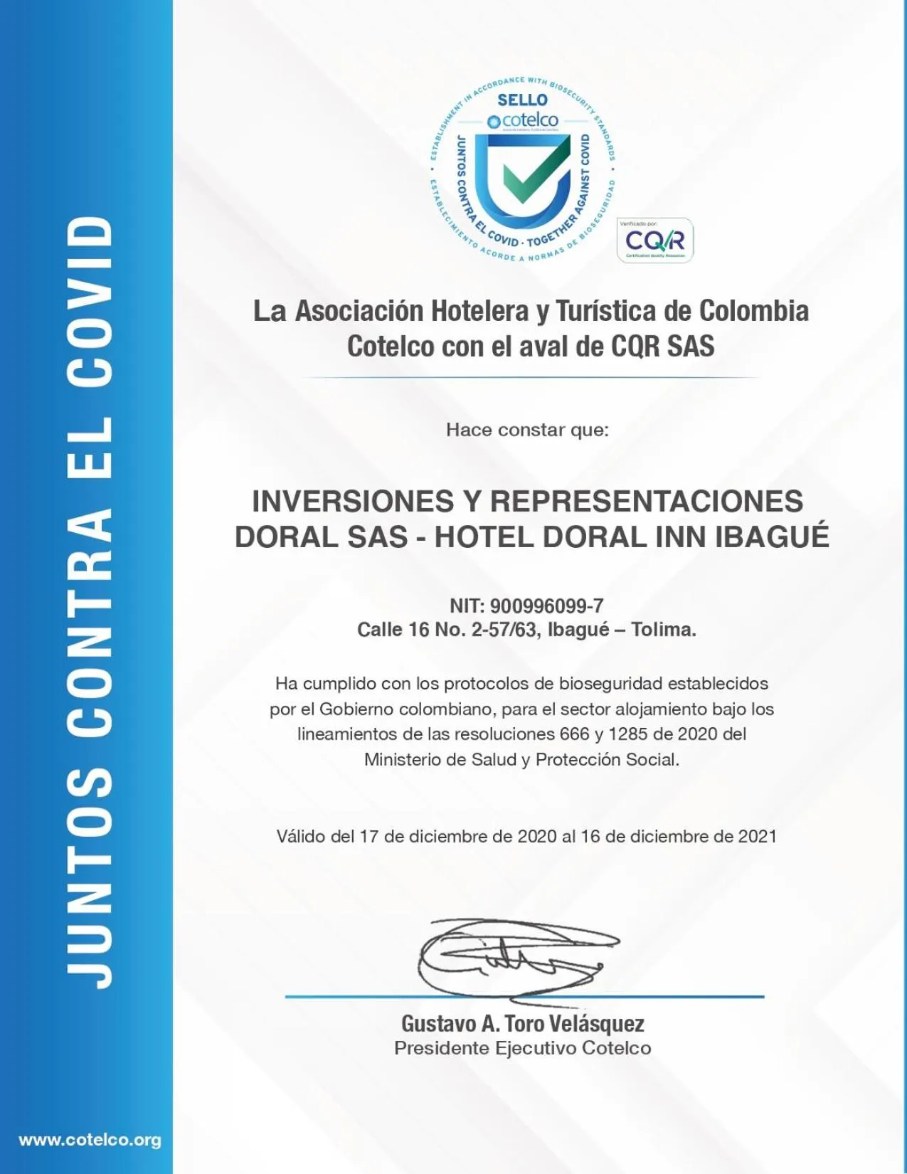 Certificate/Award in Hotel Doral Inn