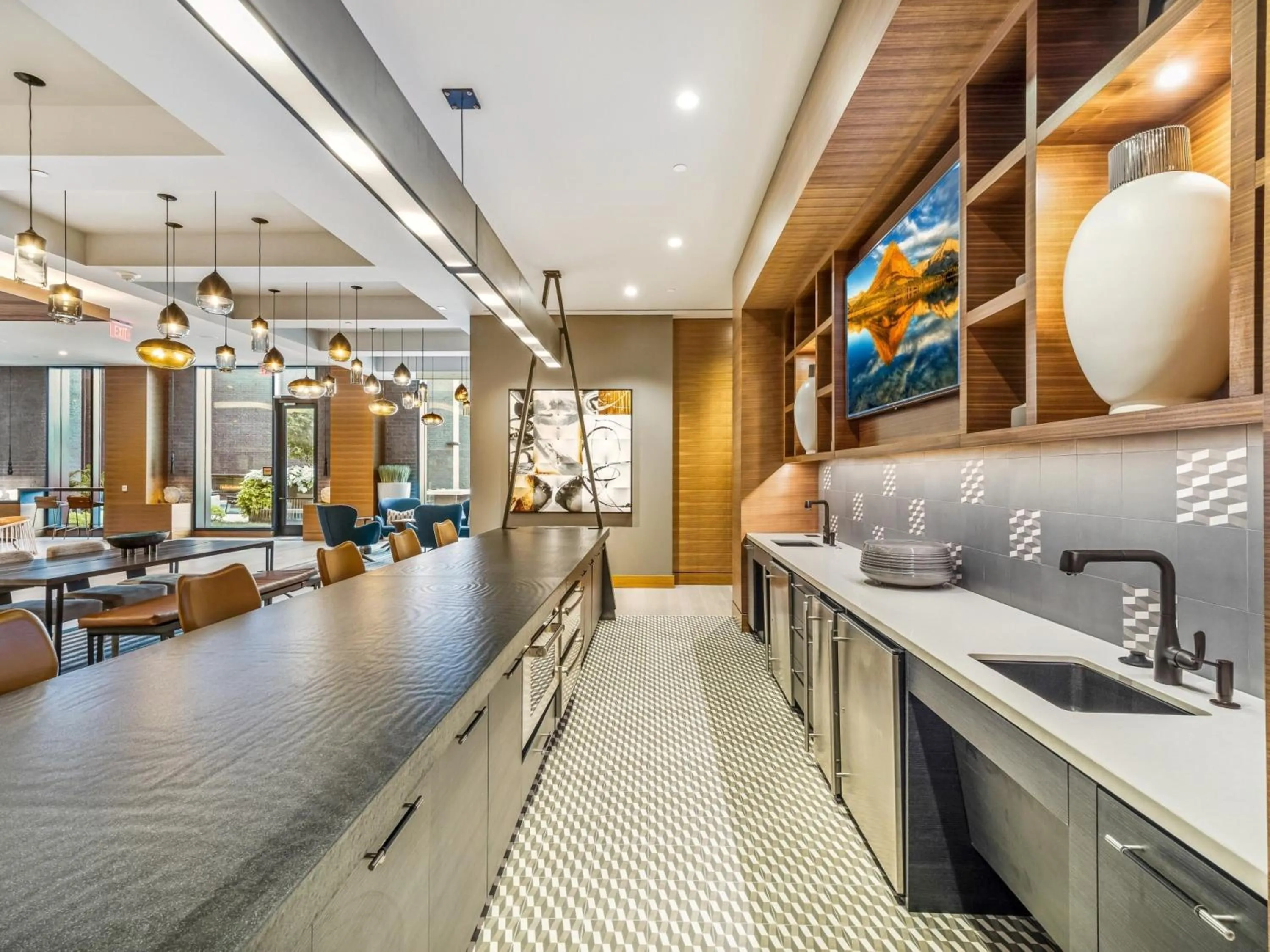 Communal kitchen in Global Luxury Suites at Reston Town Center