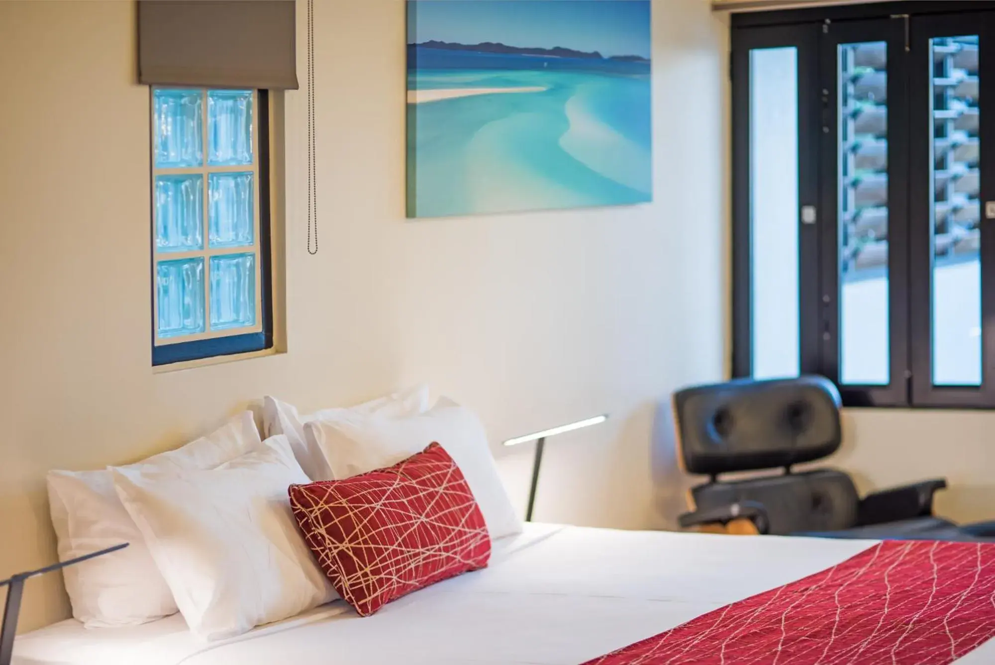 Bedroom, Bed in at Waterfront Whitsunday Retreat - Adults Only Bedroom, Bed in at Waterfront Whitsunday Retreat - Adults Only