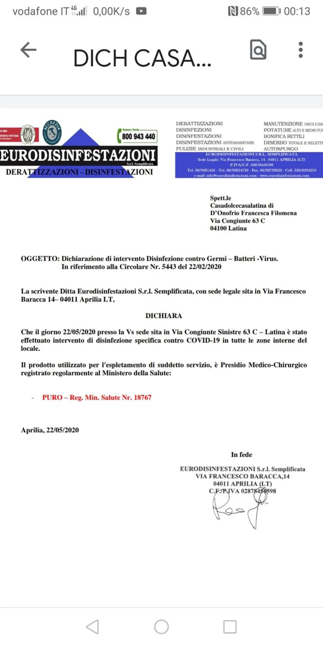 Certificate/Award in casadolcecasalatina