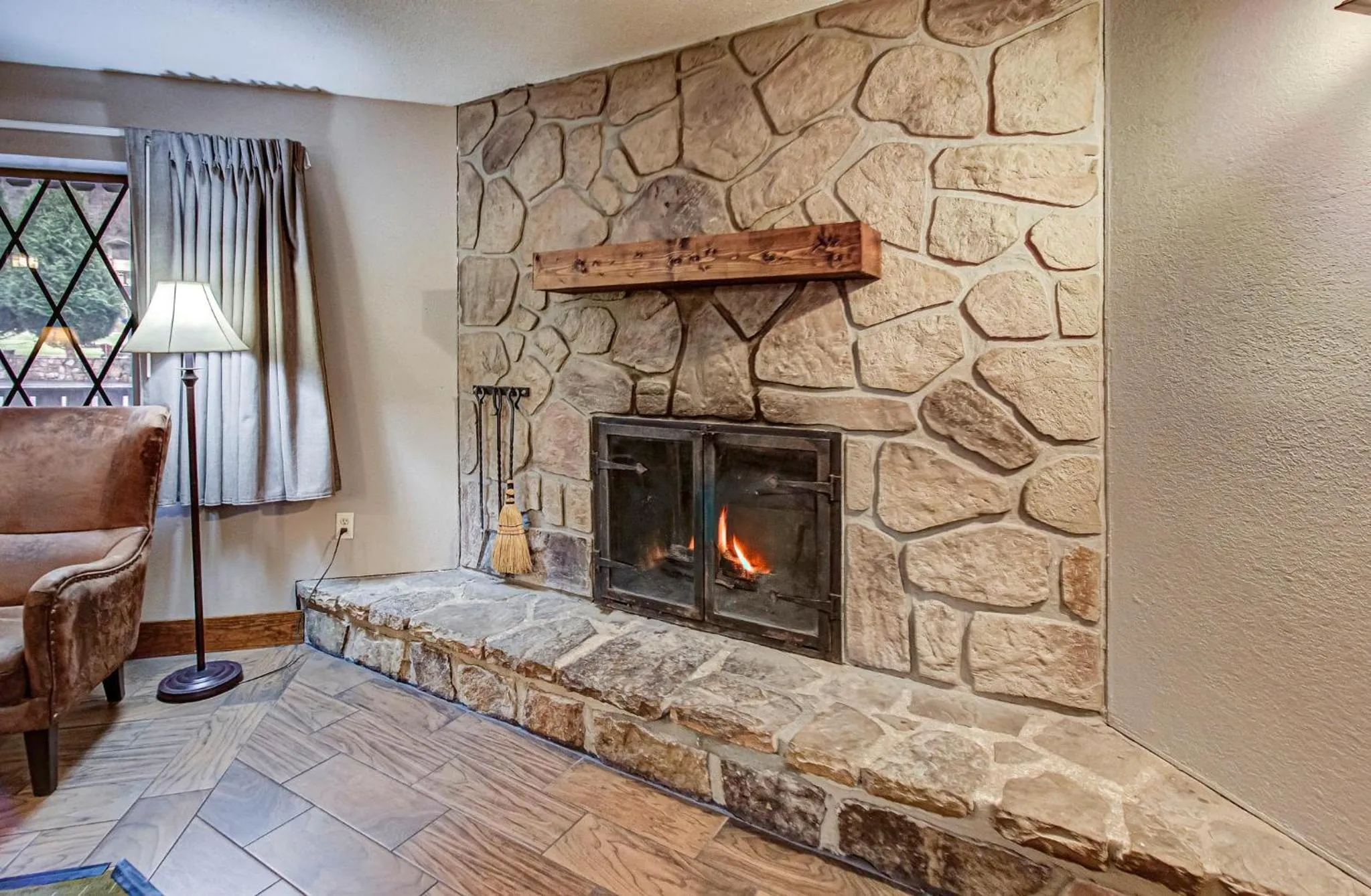 fireplace in Brookside Lodge