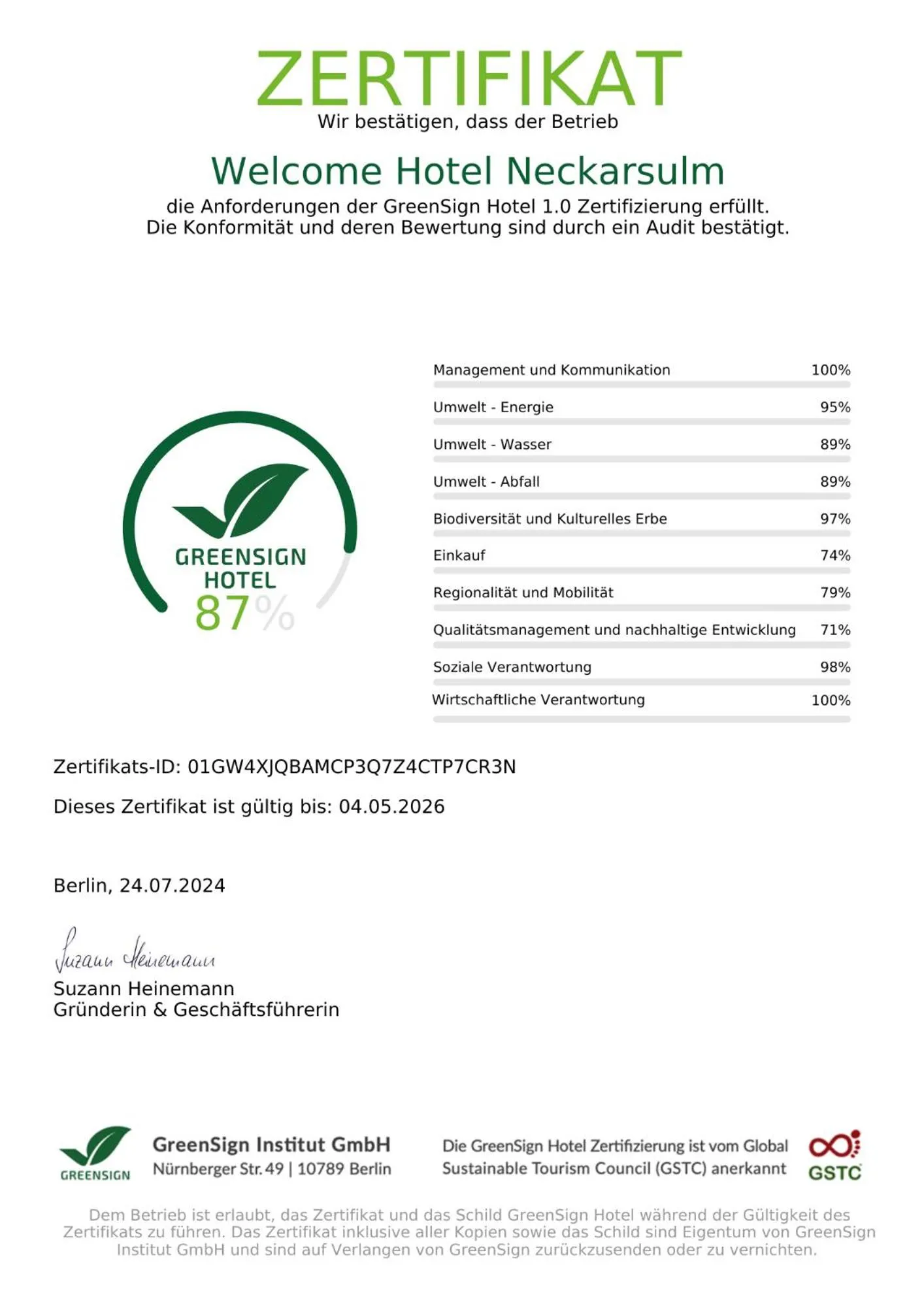 Logo/Certificate/Sign in Welcome Hotel Neckarsulm
