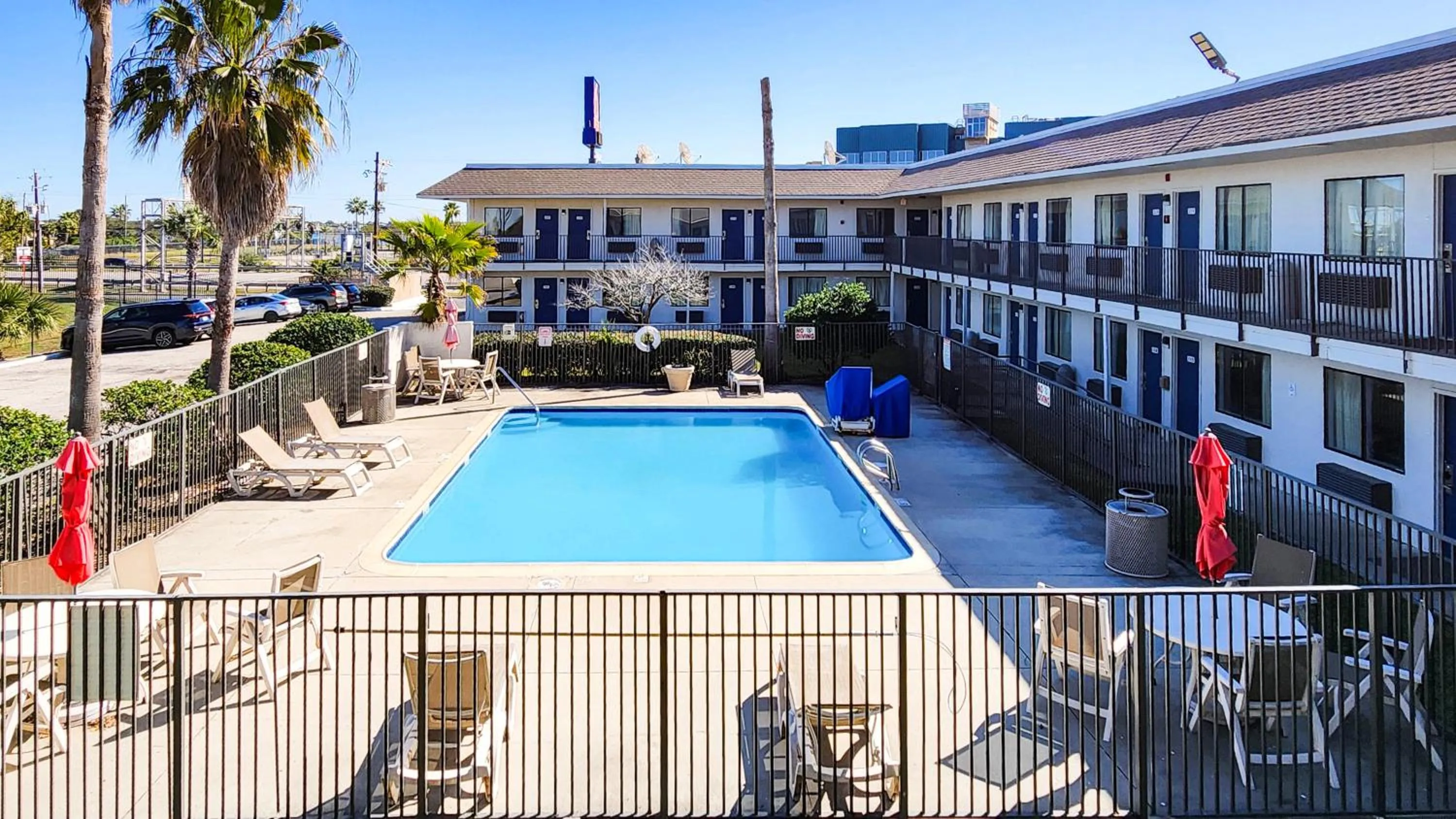 Pool view in Motel 6-Galveston, TX