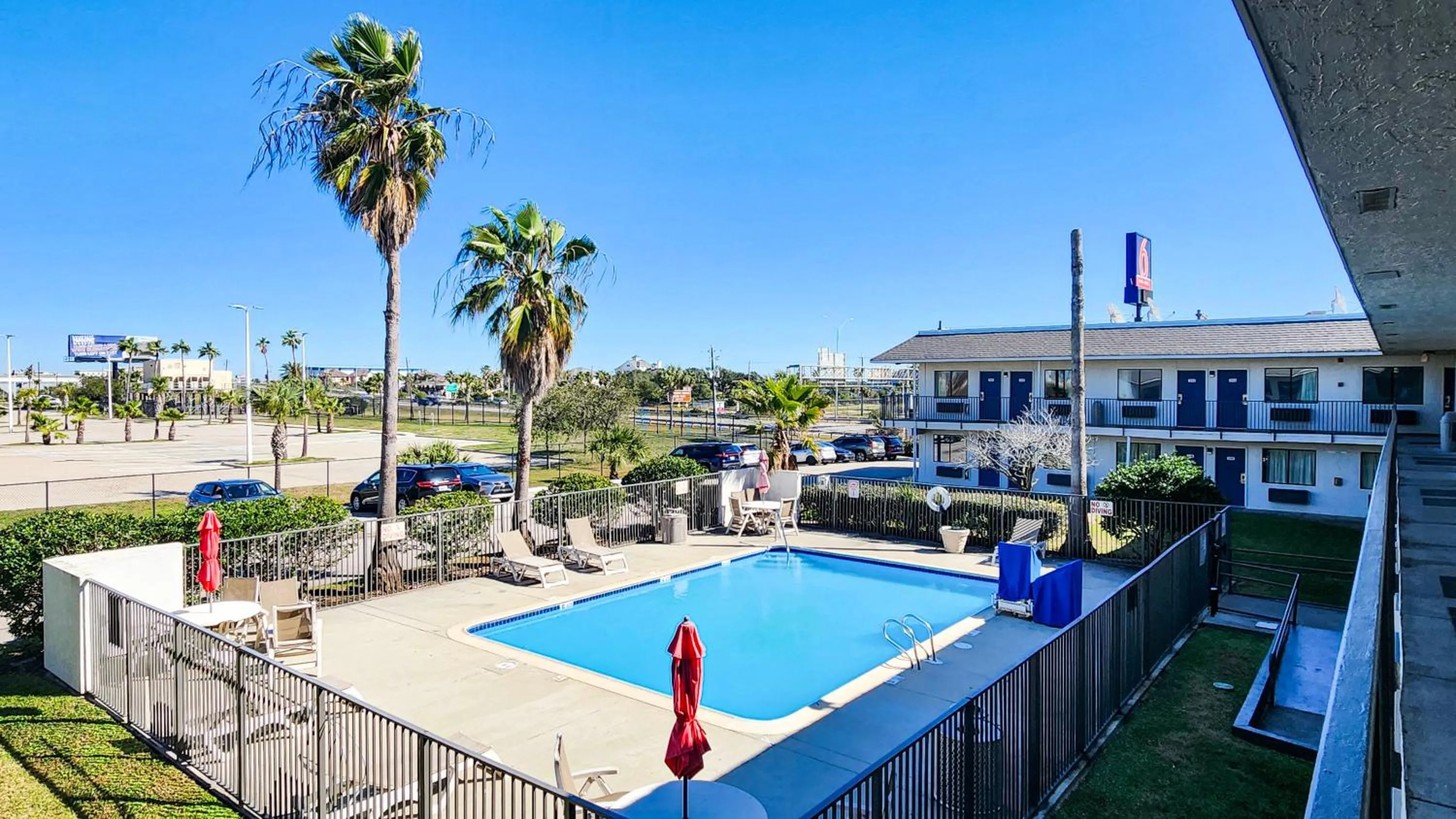 Pool view in Motel 6-Galveston, TX
