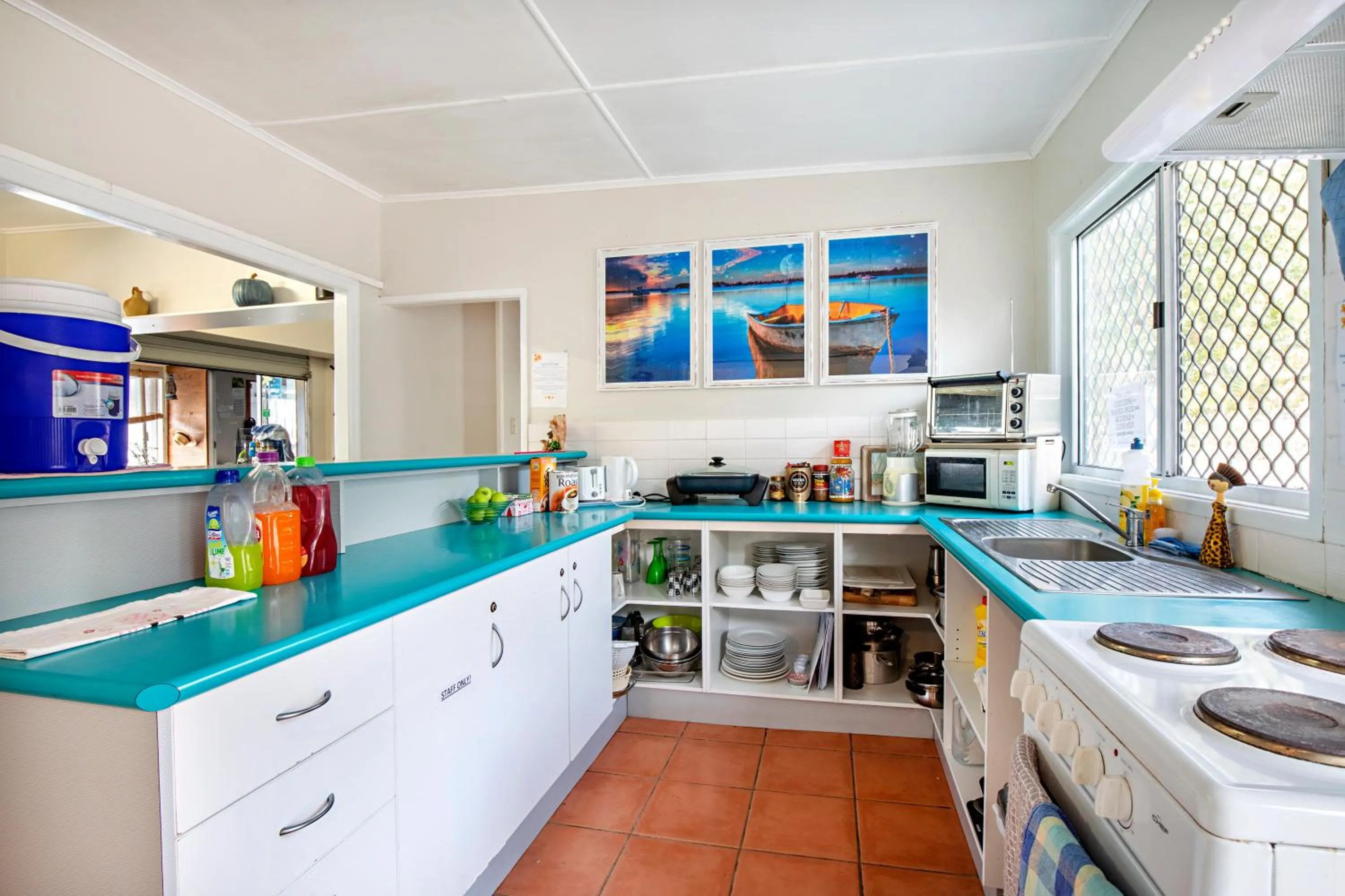 Communal kitchen in Bush Village Holiday Cabins