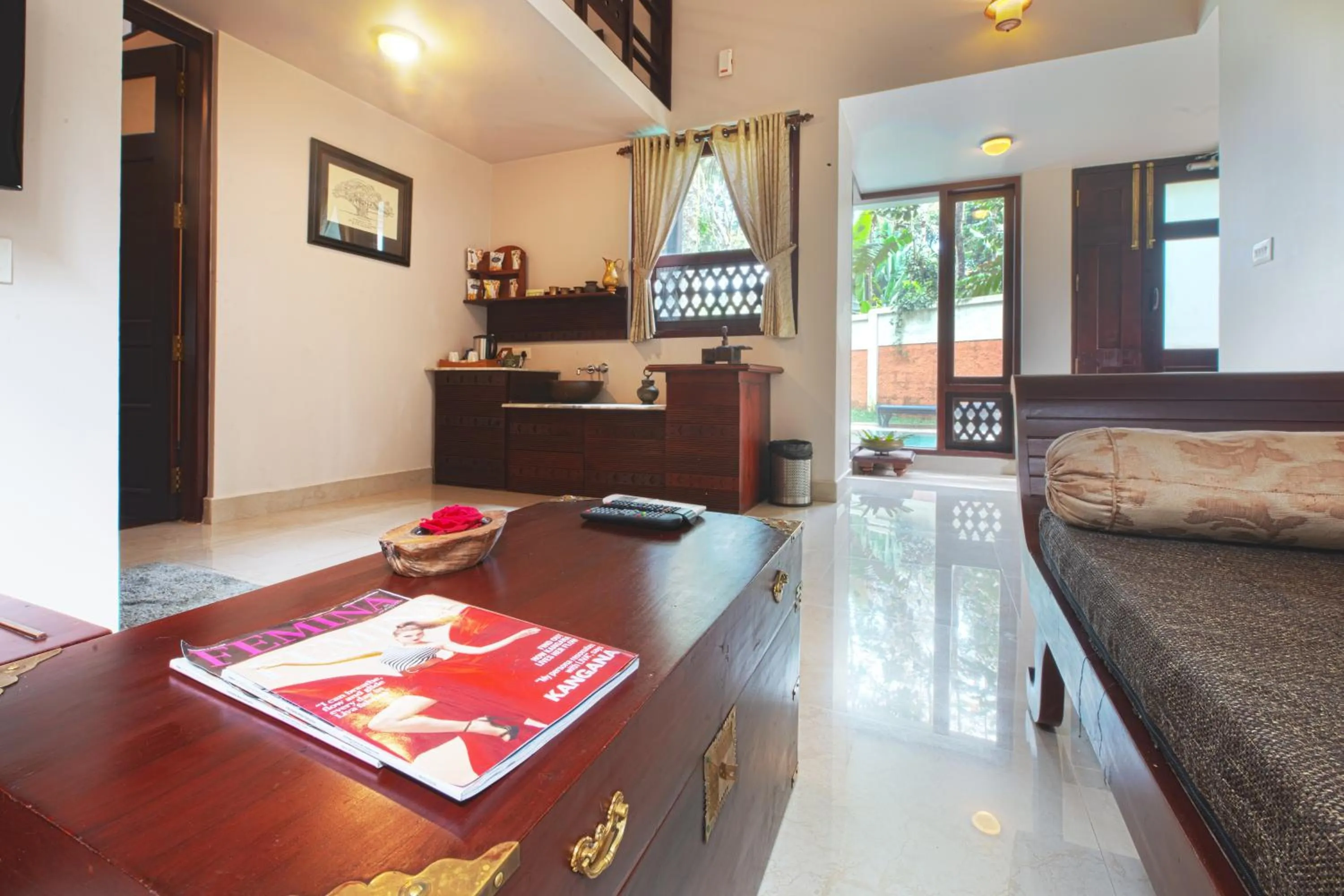 Living room in Greenwoods Resort, Thekkady