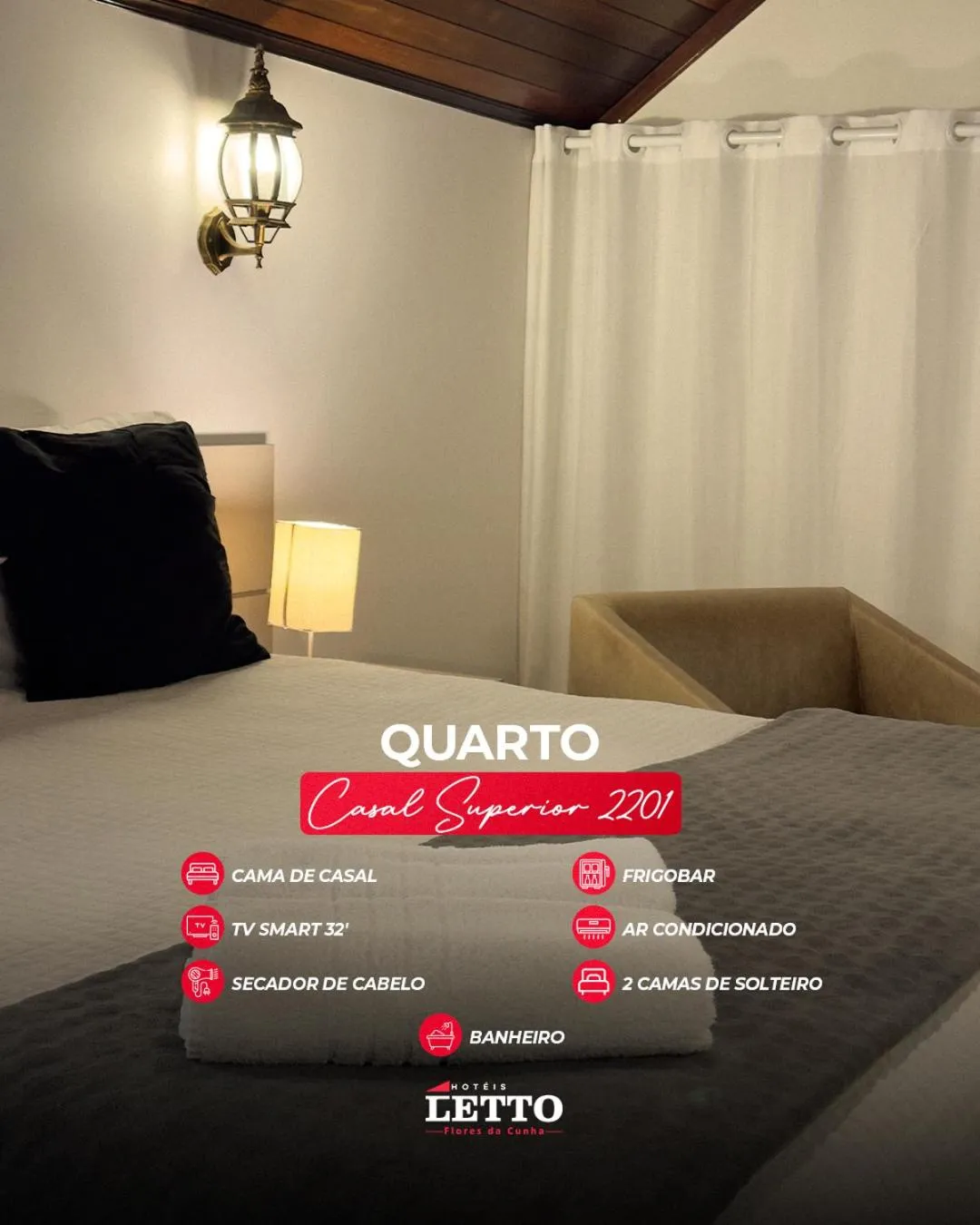 Text overlay, Bed in Letto Hotel Flores da Cunha