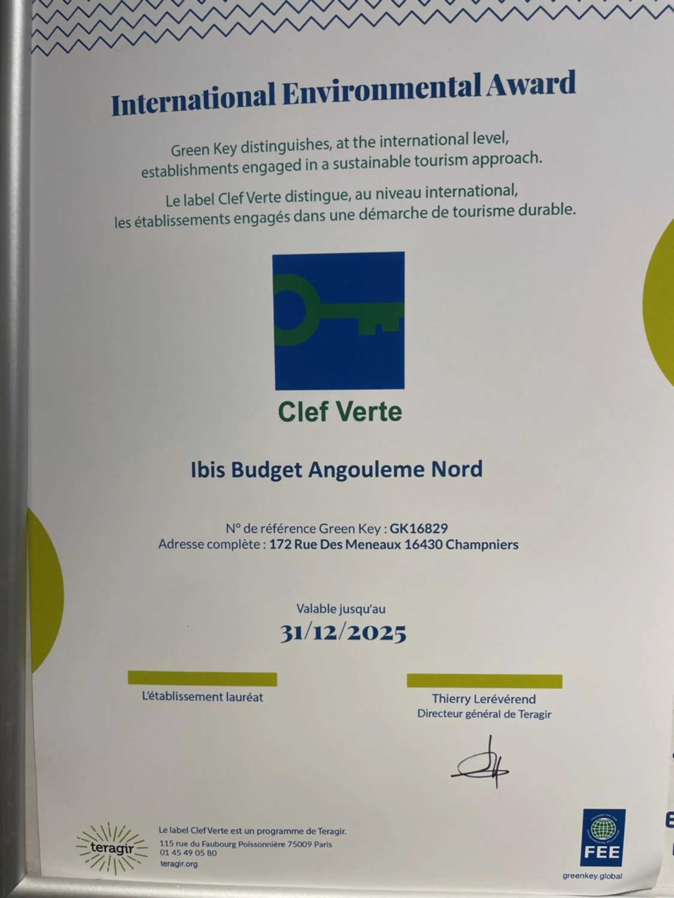 Certificate/Award in ibis budget Angoulême Nord