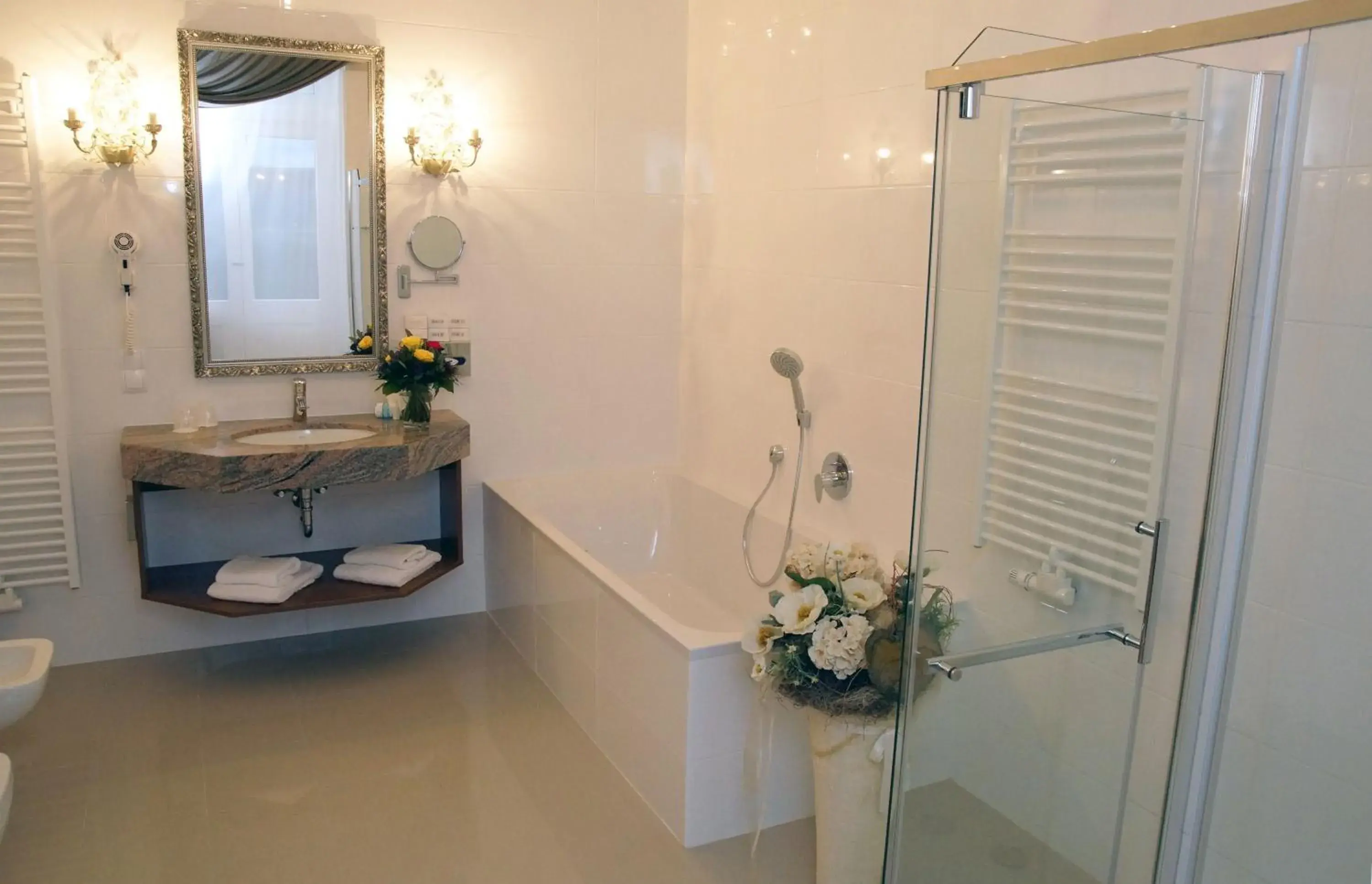 Shower, Bathroom in Schloss Hotel Wolfsbrunnen